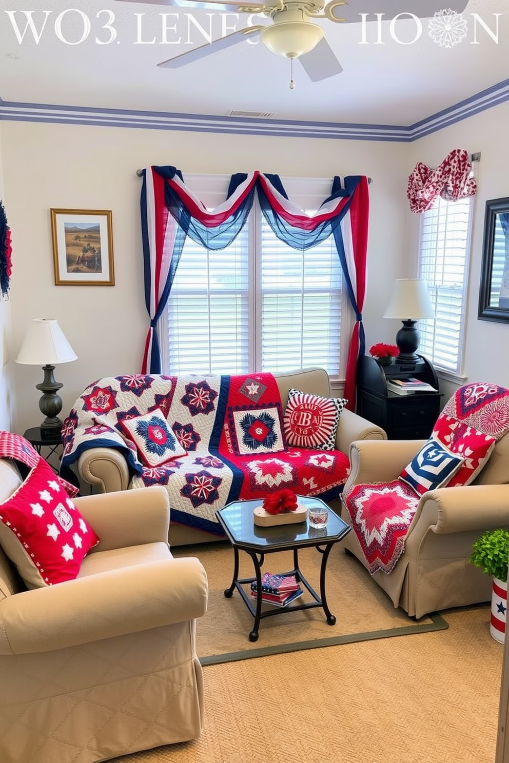 A small living room decorated for Independence Day features colorful quilts draped over a cozy sofa and armchair. The vibrant reds, whites, and blues of the quilts create a festive atmosphere, complemented by patriotic-themed cushions and decor.