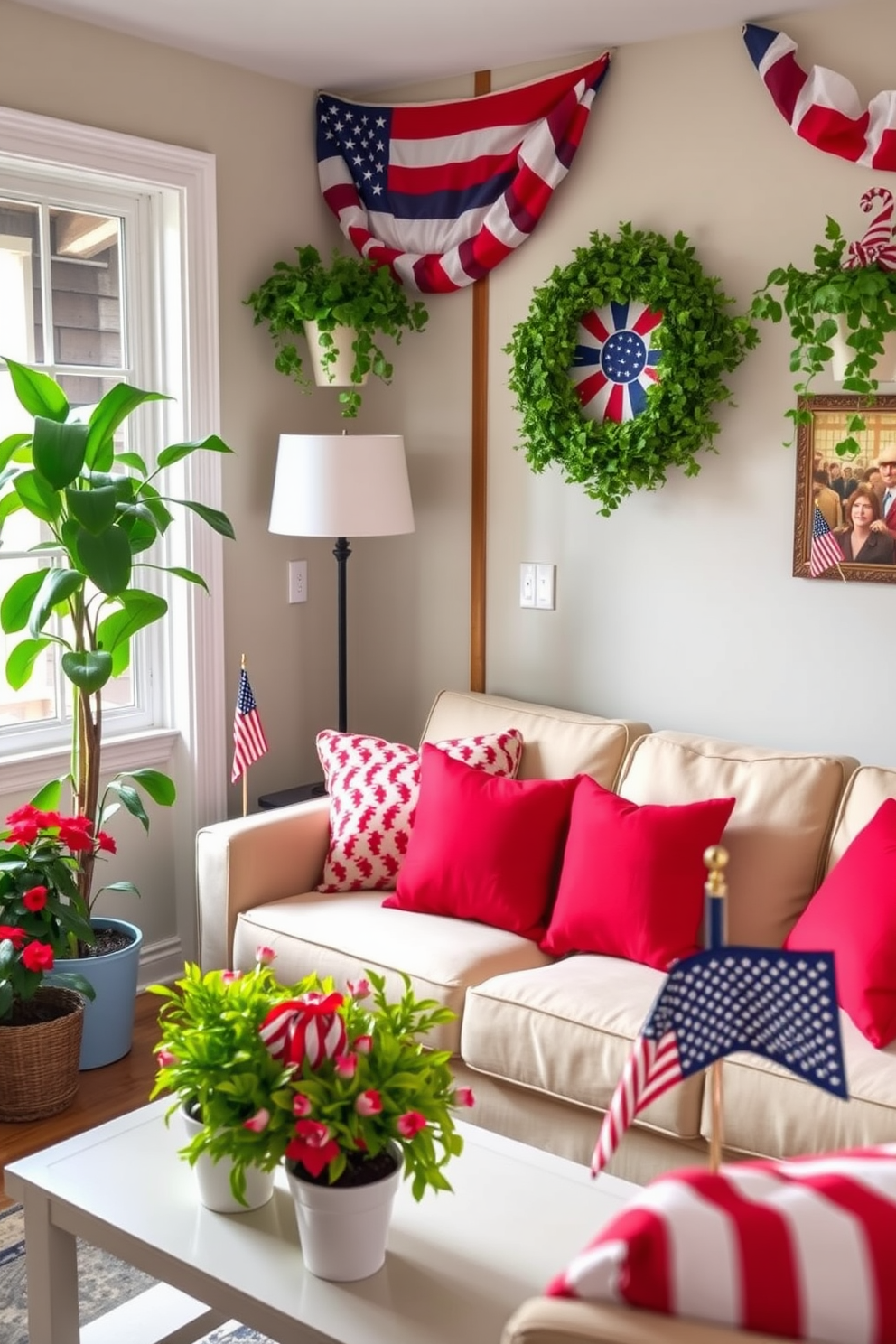 A small living room adorned with star shaped decorative accents in red white and blue. The walls are painted a soft cream color and a cozy navy blue sofa is placed in the center of the room. On the coffee table sits a collection of festive candles shaped like stars and a small American flag. A gallery wall features framed patriotic art and photographs celebrating Independence Day.