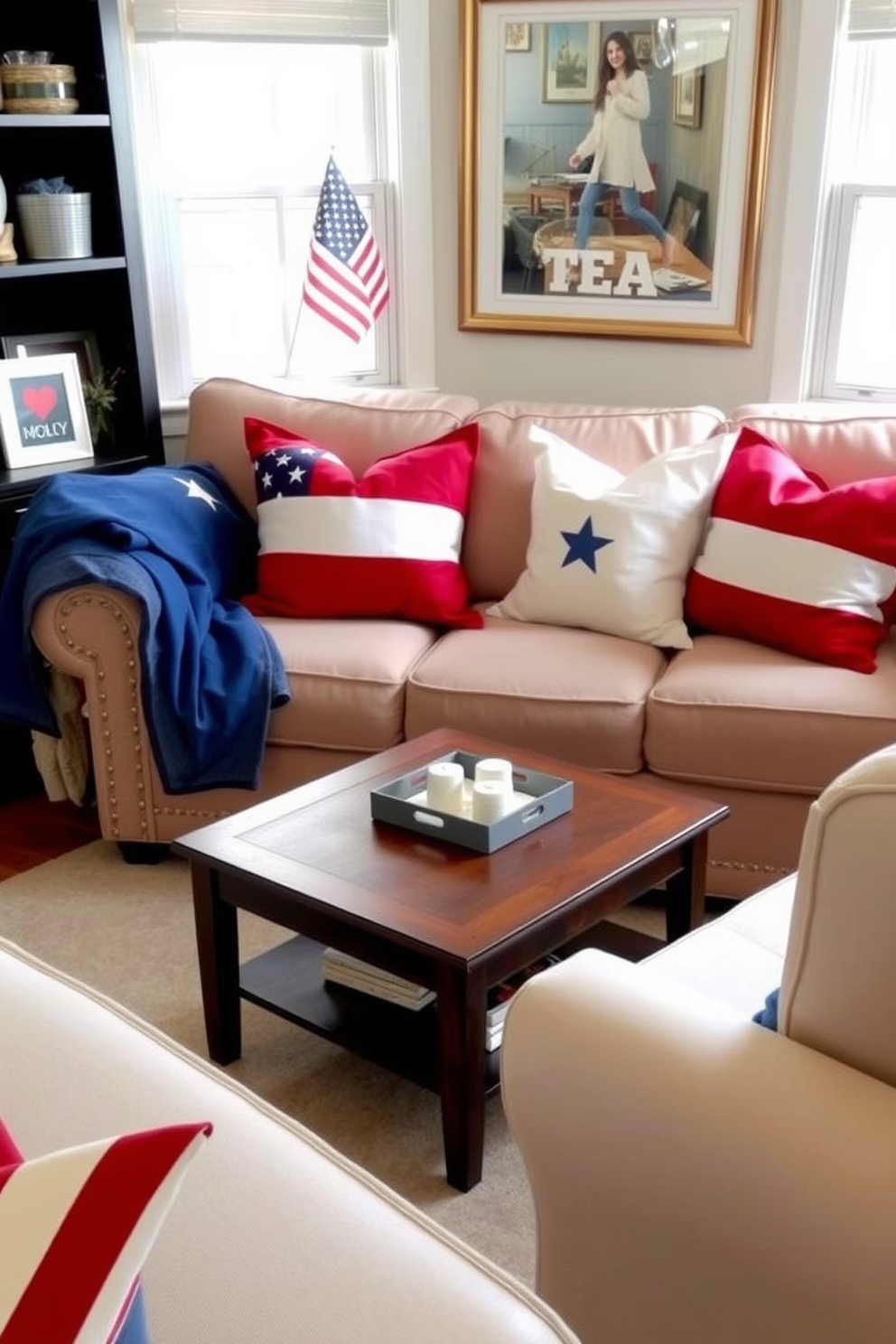 A cozy living room features a plush couch adorned with patriotic throw pillows in red white and blue. The decor is enhanced by festive accents such as a small American flag and subtle star motifs throughout the space. The room is designed for small space living with smart storage solutions and multi-functional furniture. A compact coffee table sits in front of the couch providing a perfect spot for snacks and drinks during Independence Day celebrations.