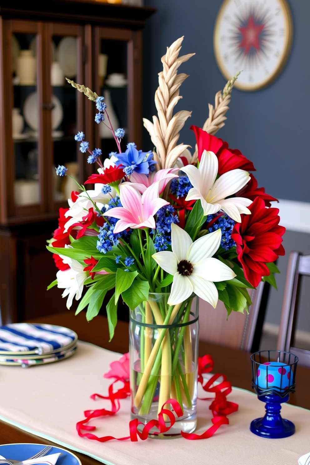 A festive table centerpiece featuring a vibrant arrangement of red white and blue flowers in a clear glass vase. The table is adorned with patriotic decorations and a subtle table runner to enhance the Independence Day theme. Creative small space decorating ideas that maximize functionality while maintaining a stylish aesthetic. Incorporate multi-purpose furniture and clever storage solutions to create a welcoming and festive atmosphere.