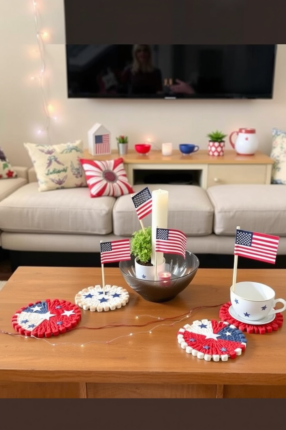 Independence Day themed coasters made from red white and blue materials featuring stars and stripes designs. They are placed on a wooden coffee table surrounded by festive decorations and a small potted plant. Independence Day small space decorating ideas include hanging string lights in red white and blue across the walls. A small table is set with themed tableware and a centerpiece featuring miniature flags and candles.