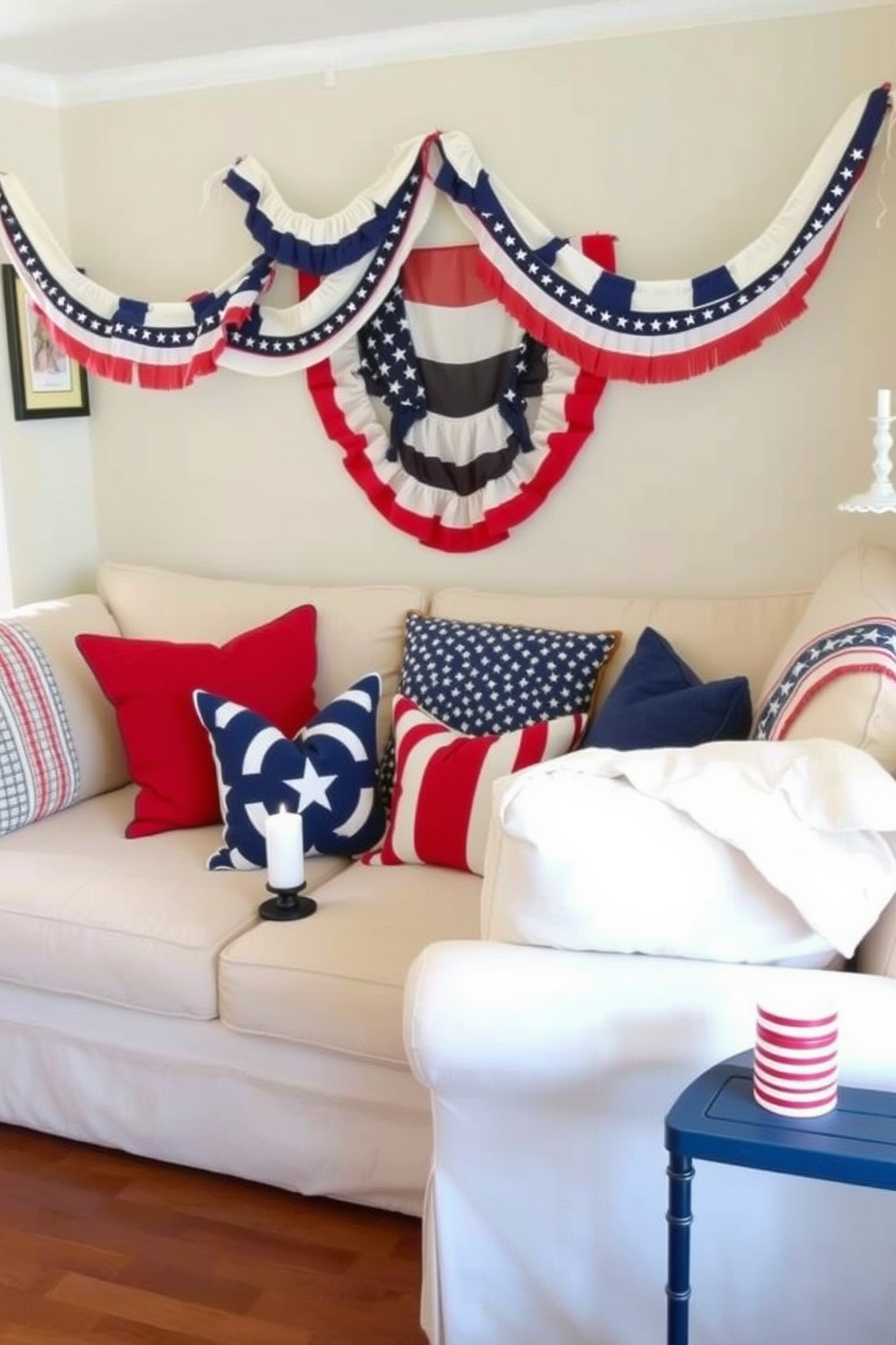 A festive living room decorated for Independence Day features bunting draped elegantly over the edges of the furniture. The space is adorned with red, white, and blue accents, creating a cheerful atmosphere for the celebration. Cushions and throws in patriotic colors add comfort and style to the seating area. Small decorative items like stars and stripes candles enhance the festive theme while maintaining a cozy feel in the small space.