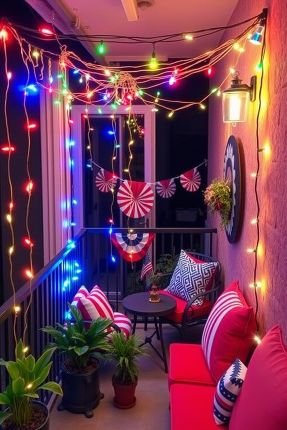 Colorful string lights drape elegantly across a small balcony, casting a warm and inviting glow. The space is adorned with red, white, and blue decorations, creating a festive atmosphere for Independence Day celebrations. Brightly colored cushions and a small table are arranged to maximize comfort and style in the limited area. Potted plants add a touch of greenery, enhancing the cheerful ambiance of the small space.