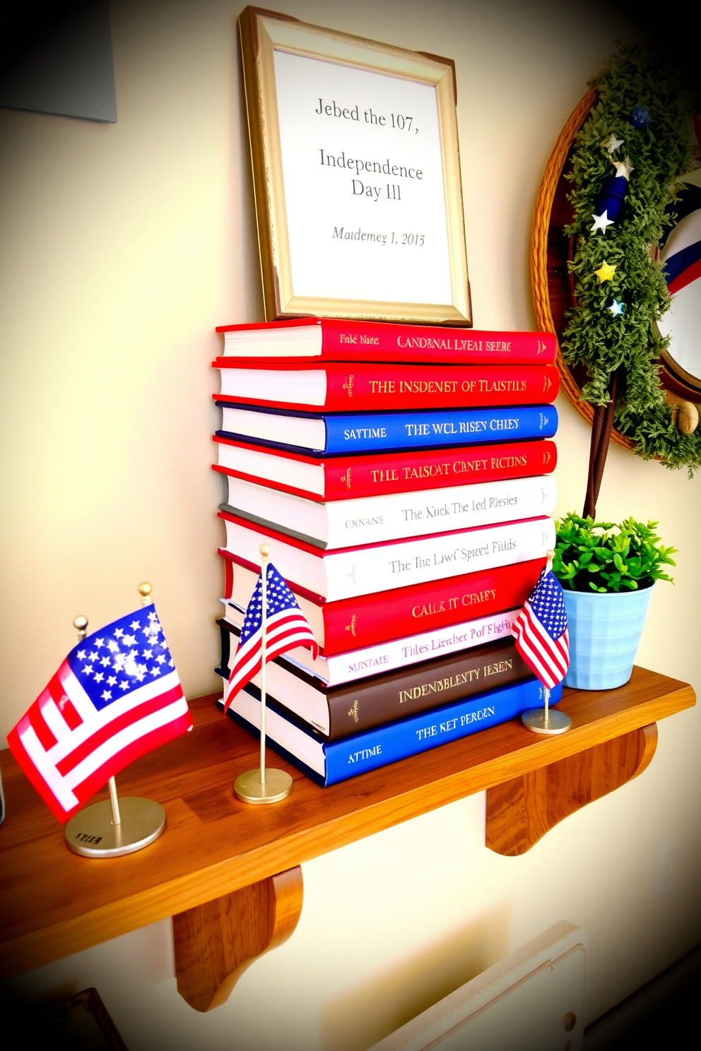 A patriotic themed display features a stack of red white and blue books arranged decoratively on a small wooden shelf. The shelf is accented with miniature flags and a small potted plant to enhance the Independence Day spirit in a cozy space.