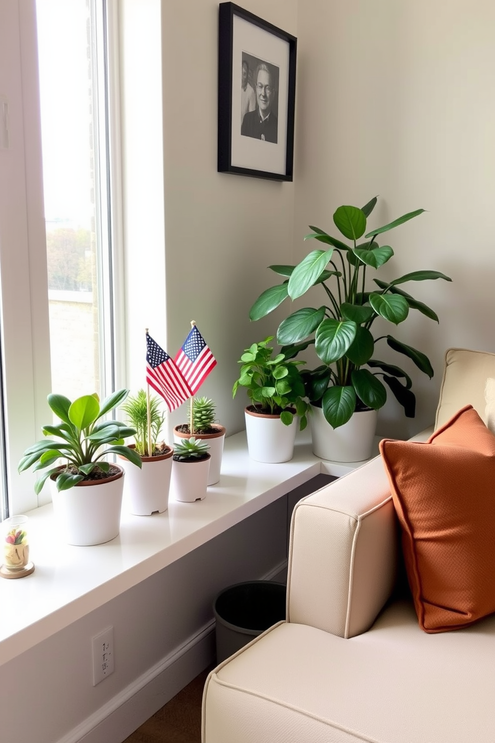 Create a cozy corner in a small living space featuring small potted plants adorned with flags for Independence Day. Arrange the plants on a minimalist shelf next to a comfortable chair, with soft lighting enhancing the festive atmosphere.