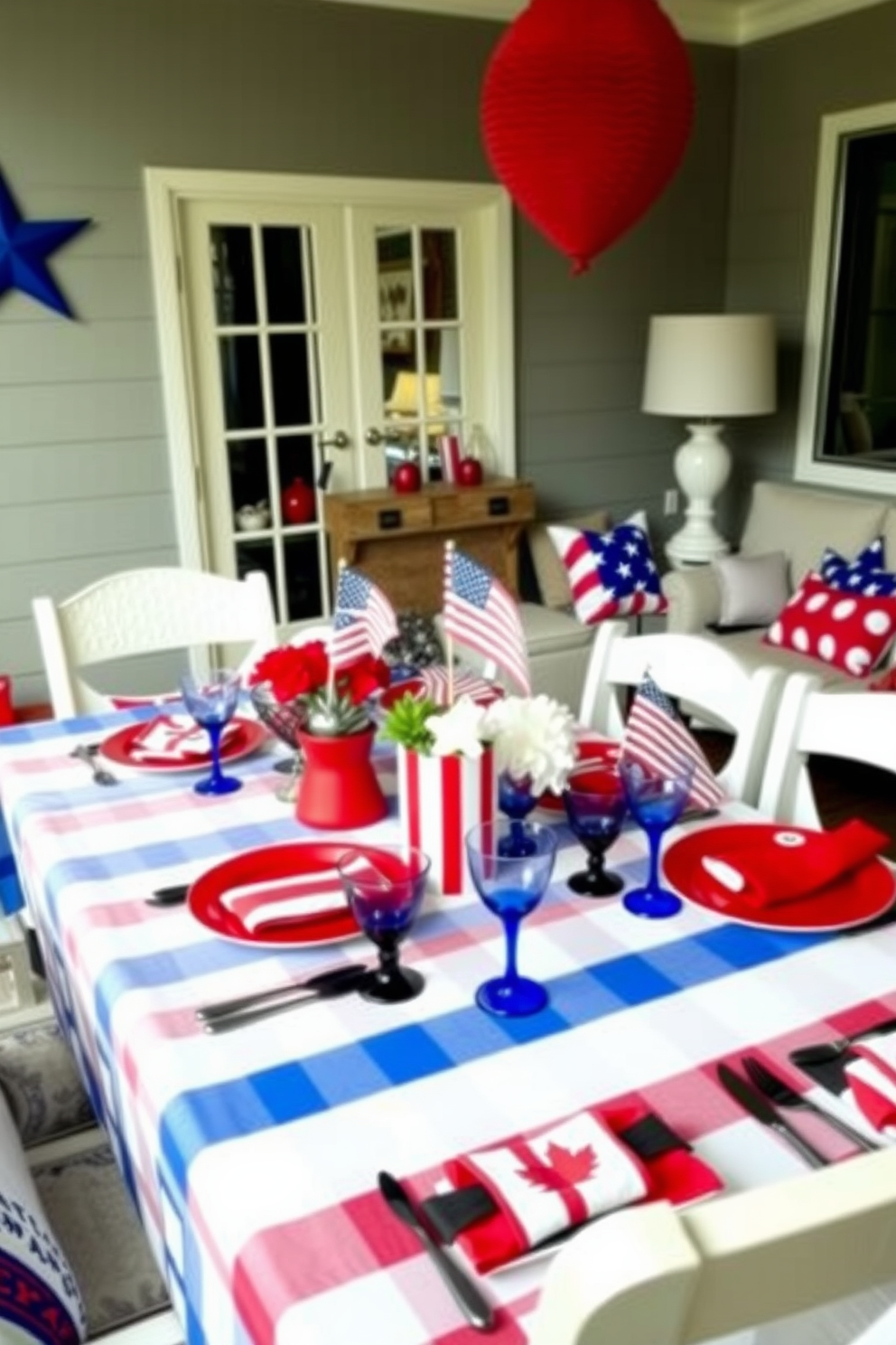 Mini flag centerpieces are arranged on a rustic wooden dining table, celebrating Independence Day with a festive touch. The table is adorned with a red and white checkered tablecloth, creating a cozy atmosphere perfect for small space decorating ideas.