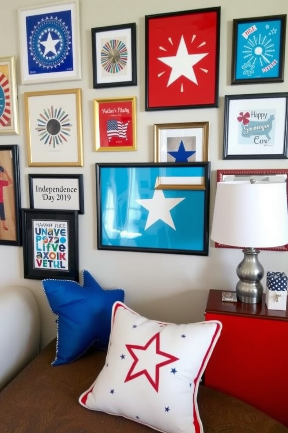 A collection of vibrant Independence Day themed art prints adorns the walls, featuring bold colors and patriotic symbols. The artwork creates a festive atmosphere, perfect for celebrating the holiday. Small spaces are transformed with clever Independence Day decorating ideas that utilize red, white, and blue accents. Creative arrangements, such as star-shaped pillows and themed table settings, make the area feel festive without overwhelming the space.