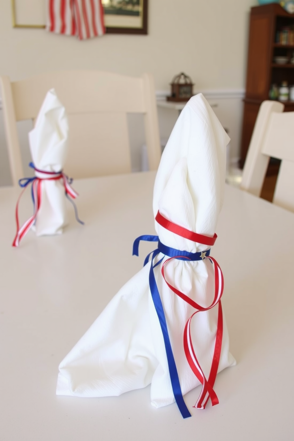 Festive napkin rings for a dining table. Each napkin ring is adorned with red white and blue ribbons and small stars to celebrate Independence Day. Small space decorating ideas that maximize functionality. Use multi-purpose furniture and light colors to create an open and inviting atmosphere.