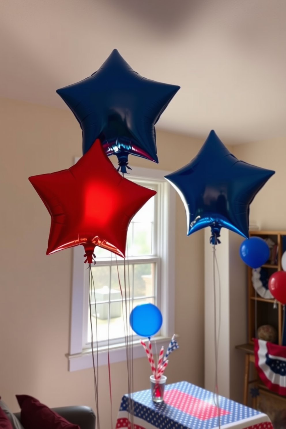 Star shaped balloons float gracefully in the air, adding a festive touch to the Independence Day celebration. The vibrant red, white, and blue colors create a cheerful atmosphere, perfect for small gatherings. In a cozy living room, a few star shaped balloons are strategically placed near the window, catching the light beautifully. A small table is adorned with a patriotic tablecloth, complementing the decorations without overwhelming the space.