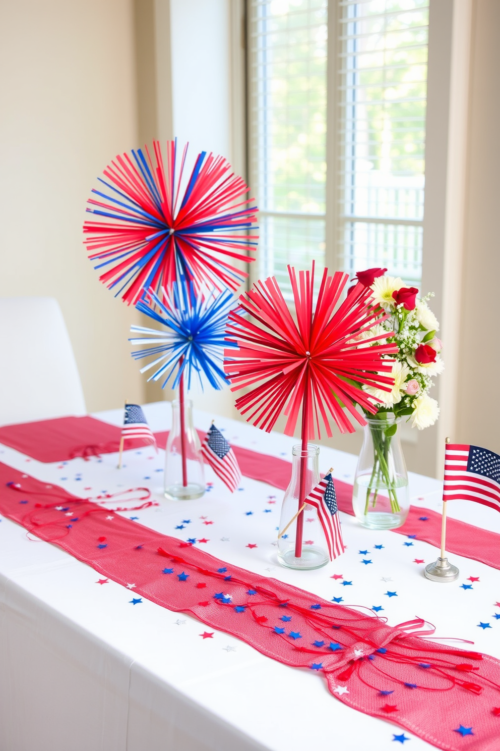 Tabletop fireworks decorations in vibrant red blue and white colors create a festive atmosphere for Independence Day celebrations. Arrange small decorative fireworks made of paper or fabric on a sleek white tablecloth to enhance the holiday spirit. Incorporate miniature American flags and star-shaped confetti around the decorations for added flair. Use small glass vases filled with fresh flowers to balance the playful elements while maintaining an elegant look in your small space.