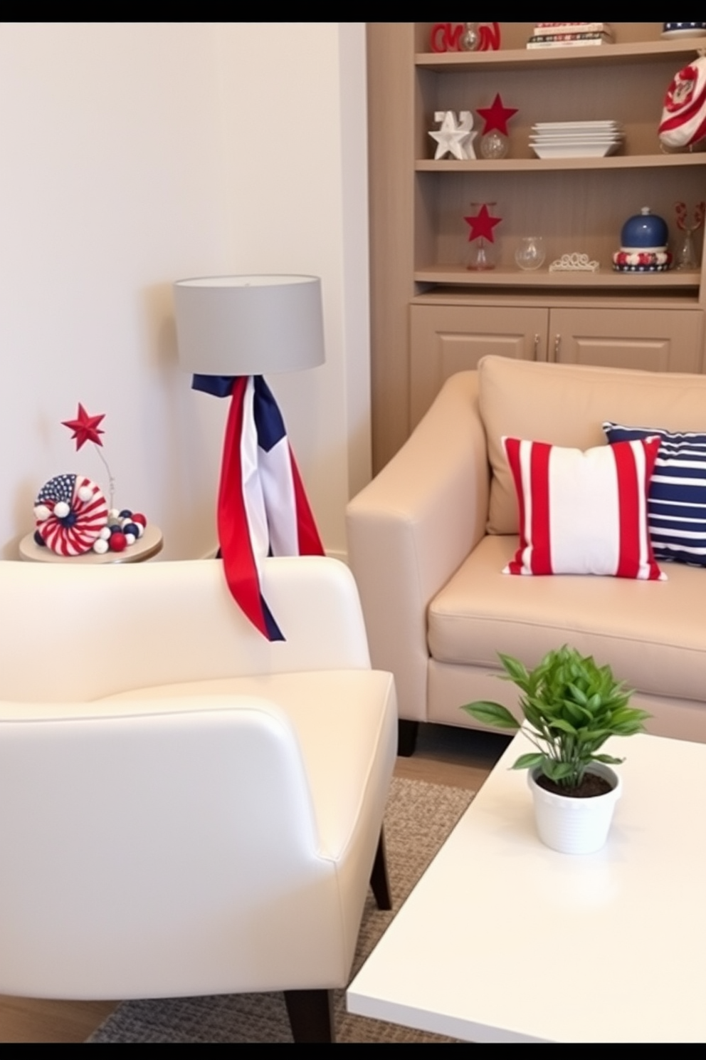 A tricolor ribbon is elegantly tied around a stylish armchair, adding a festive touch to the room. The chair is placed near a small table adorned with patriotic decorations, creating a cozy corner for Independence Day celebrations. In a compact living area, colorful cushions in red, white, and blue are arranged on a sleek sofa to enhance the festive spirit. A small potted plant sits on the coffee table, complementing the overall decor while maximizing the available space.