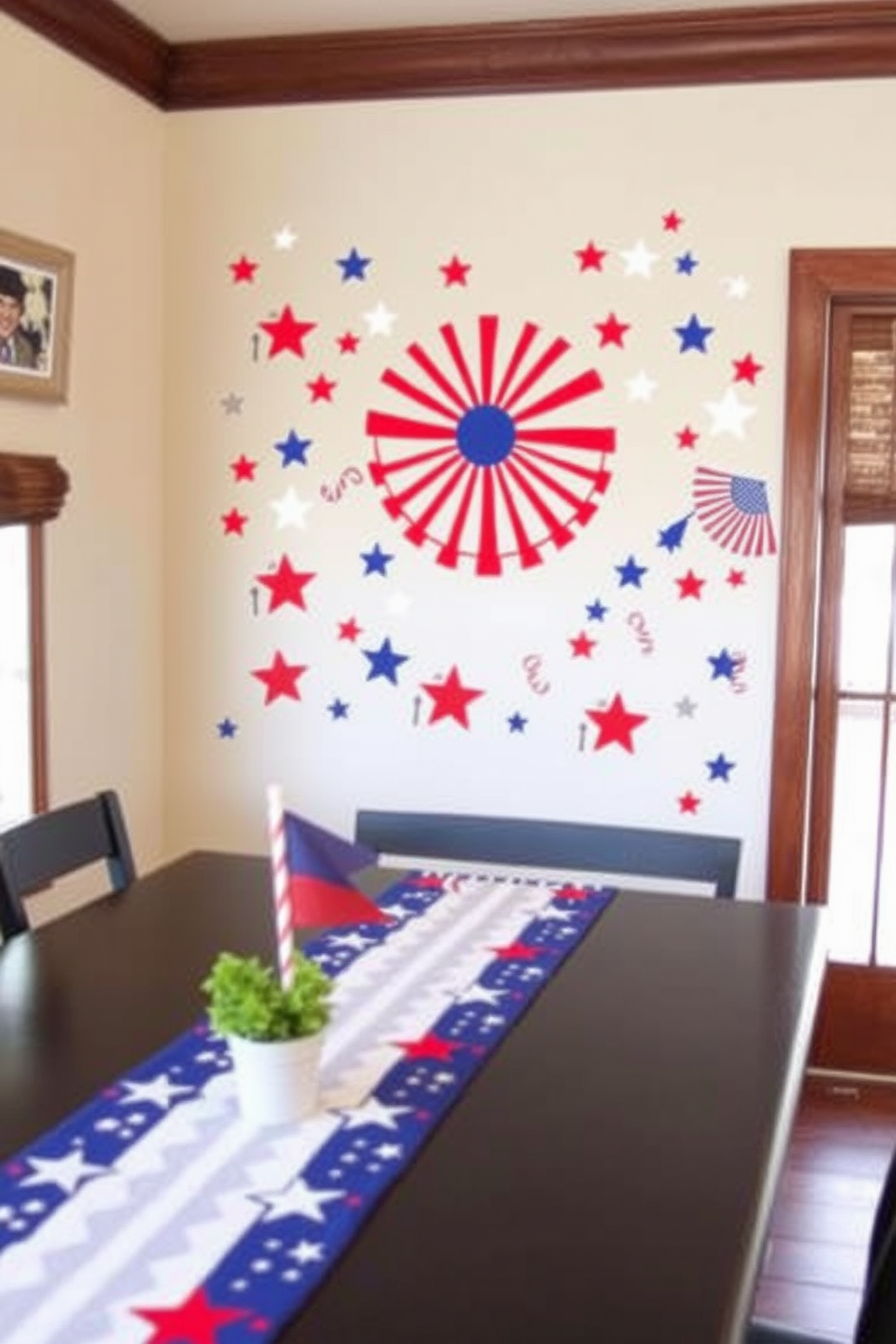 A vibrant arrangement of red white and blue flowers is displayed in a sleek glass vase. The flowers are artfully arranged to evoke a festive atmosphere perfect for celebrating Independence Day. In a cozy living room corner, the arrangement is complemented by minimalist decor. A small side table holds the vase, while patriotic-themed cushions add a touch of charm to the space.