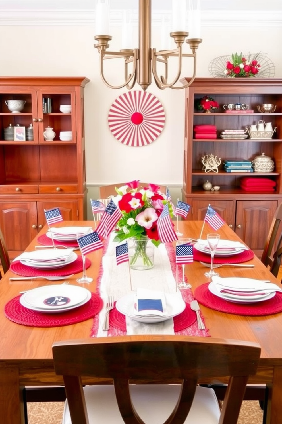 A festive dining table setting adorned with mini flags celebrating Independence Day. The table is set with red, white, and blue tableware, featuring a centerpiece of small decorative flags and a vibrant floral arrangement. Creative small space decorating ideas that maximize functionality and style. The room showcases multi-purpose furniture, bright color schemes, and clever storage solutions to enhance the overall aesthetic.