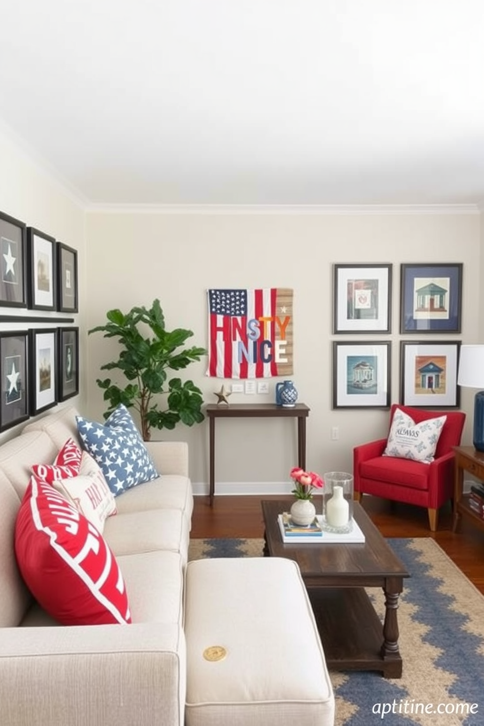 Create a cozy living space that celebrates Independence Day with small potted plants featuring flag motifs. Arrange these plants on a stylish shelf against a backdrop of soft blue walls, complemented by red and white decorative accents. Incorporate a compact seating area with a modern chair and a small side table. Use a vibrant throw blanket and cushions in patriotic colors to enhance the festive atmosphere while maintaining a chic aesthetic.