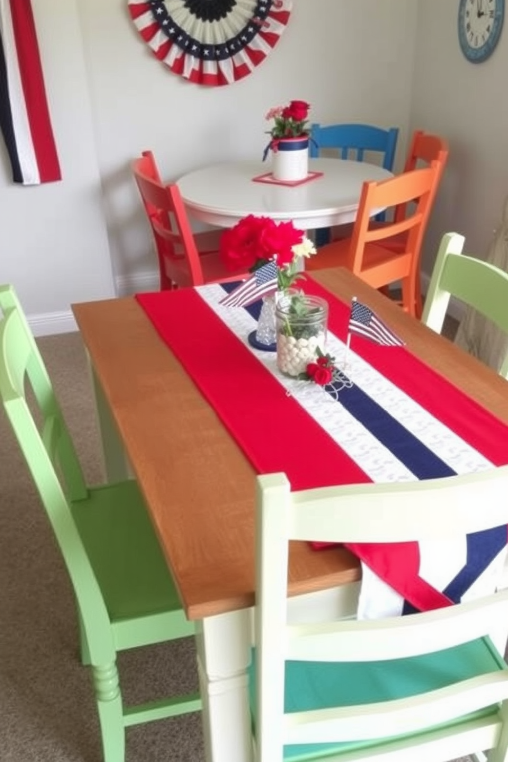 A festive dining table setting featuring a red white and blue table runner that adds a patriotic touch. The table is adorned with small decorative elements such as miniature flags and seasonal flowers in vibrant colors, creating a cheerful ambiance for Independence Day celebrations. In a cozy corner of a small space, a charming dining area is designed to maximize comfort and style. The use of a round table paired with colorful chairs complements the red white and blue theme while maintaining an inviting atmosphere for gatherings.