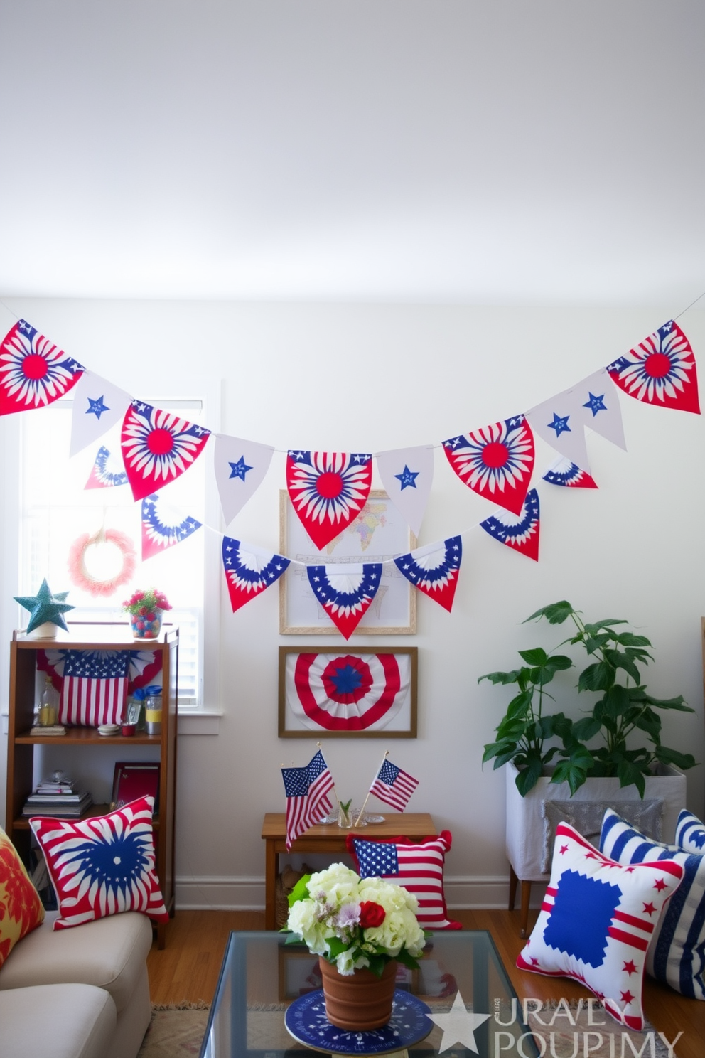 A festive display of DIY Independence Day banners hangs low across the room, featuring vibrant red, white, and blue colors. The banners are adorned with stars and stripes, creating a cheerful atmosphere perfect for celebrating the holiday. In a small space, creative Independence Day decorating ideas include using wall-mounted decorations and table centerpieces that embody the spirit of the occasion. Incorporate miniature flags and patriotic-themed cushions to enhance the festive vibe without overwhelming the area.