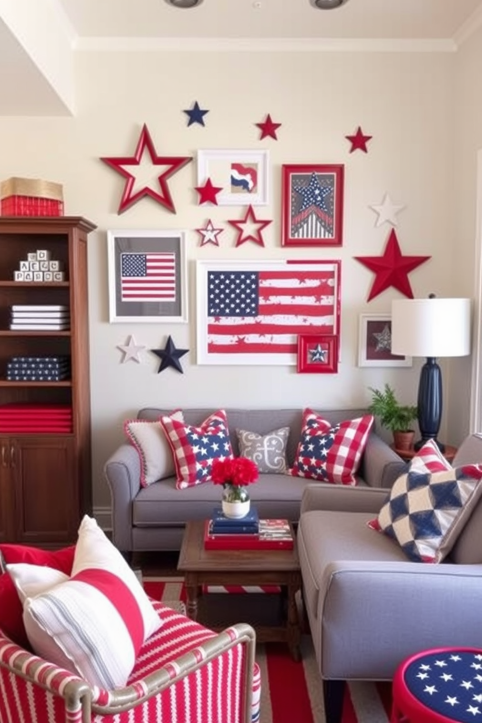 A vibrant display of stars and stripes wall art creates a festive atmosphere perfect for Independence Day. The arrangement features various sizes of framed art pieces that celebrate the American flag, adding a patriotic touch to the small space. Cleverly designed small space decorating ideas incorporate red, white, and blue accents throughout the room. Cozy seating options and multi-functional furniture maximize the area while maintaining a celebratory theme.