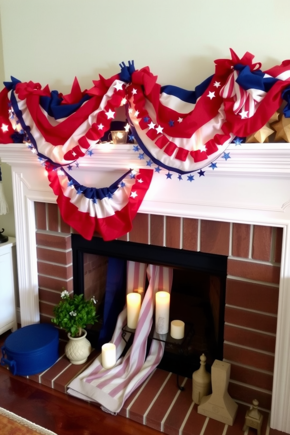 A festive tricolor garland drapes elegantly across the mantel, celebrating Independence Day with vibrant red, white, and blue hues. The garland is adorned with small stars and stripes, creating a patriotic focal point in the cozy living room. In this small space, clever decorating ideas maximize the impact of the garland while maintaining an open feel. The mantel is complemented by minimalist decor, including a few carefully placed candles and a small potted plant, enhancing the festive atmosphere.