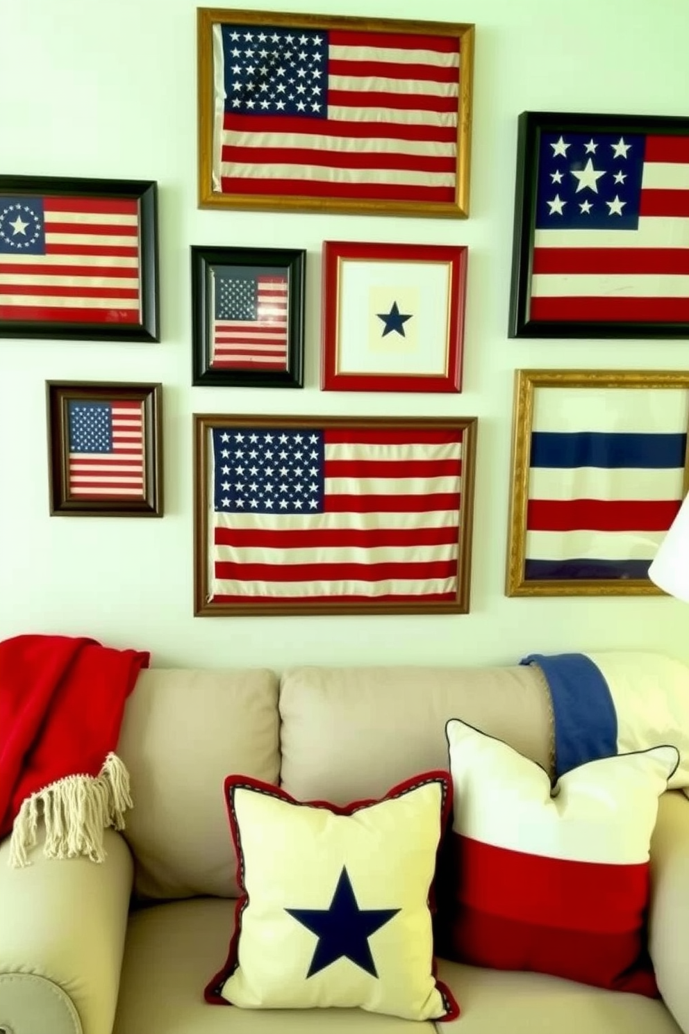 A cozy living room is adorned with Fourth of July themed candles in red white and blue. The candles are arranged on a small wooden table surrounded by comfortable seating to create a festive atmosphere. Decorative elements such as small flags and star-shaped ornaments complement the candle display. The walls are painted in a soft white color allowing the vibrant colors of the decorations to stand out beautifully.