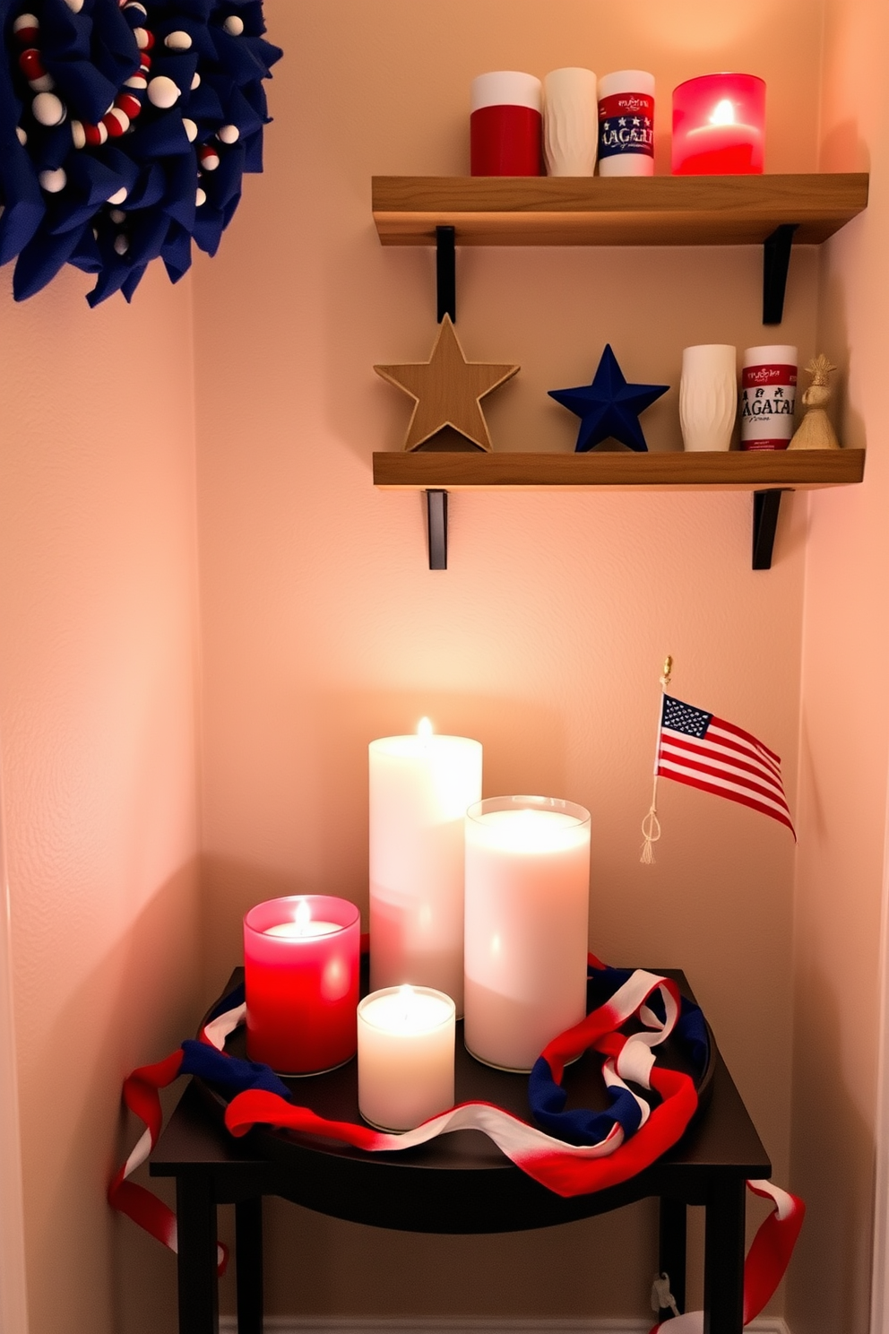 A cozy living room featuring Americana artwork displayed on the walls celebrates Independence Day. The space is adorned with red white and blue accents including throw pillows and a festive rug that enhances the patriotic theme. In the corner a small bookshelf showcases vintage books and decorative items reflecting American culture. A compact coffee table sits in the center surrounded by comfortable seating creating an inviting atmosphere for gathering.