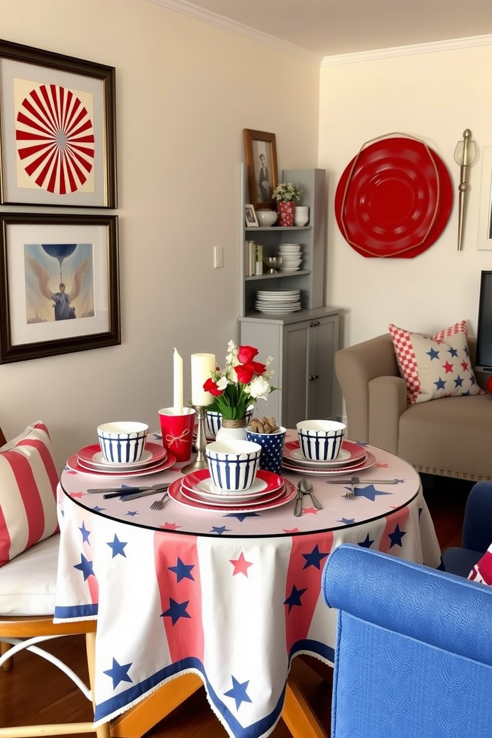 A charming display of red white and blue dishware set elegantly arranged on a small dining table. The table is adorned with a festive tablecloth featuring stars and stripes, complemented by a few decorative candles and a small vase of fresh flowers. Creative small space decorating ideas highlight the use of vertical storage solutions and multi-functional furniture. The walls are adorned with patriotic artwork, and cozy seating arrangements invite guests to celebrate Independence Day in style.