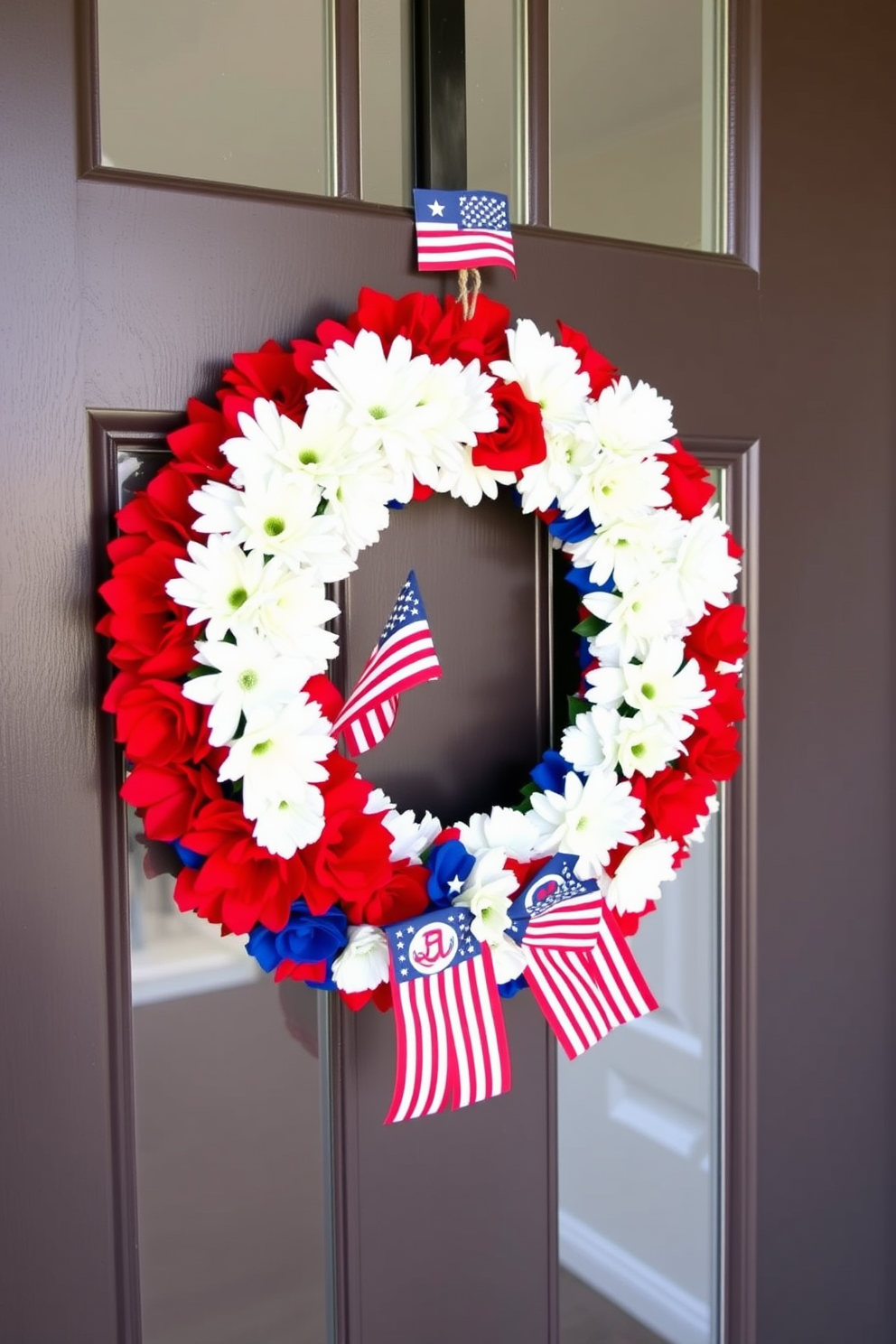 A decorative wreath made of red white and blue flowers hangs on the front door celebrating Independence Day. The wreath is adorned with small American flags and stars creating a festive and patriotic entrance. For small space decorating ideas incorporate multifunctional furniture pieces that maximize usability without sacrificing style. Use light colors and mirrors to create an illusion of space while adding personal touches through artwork and decorative accents.