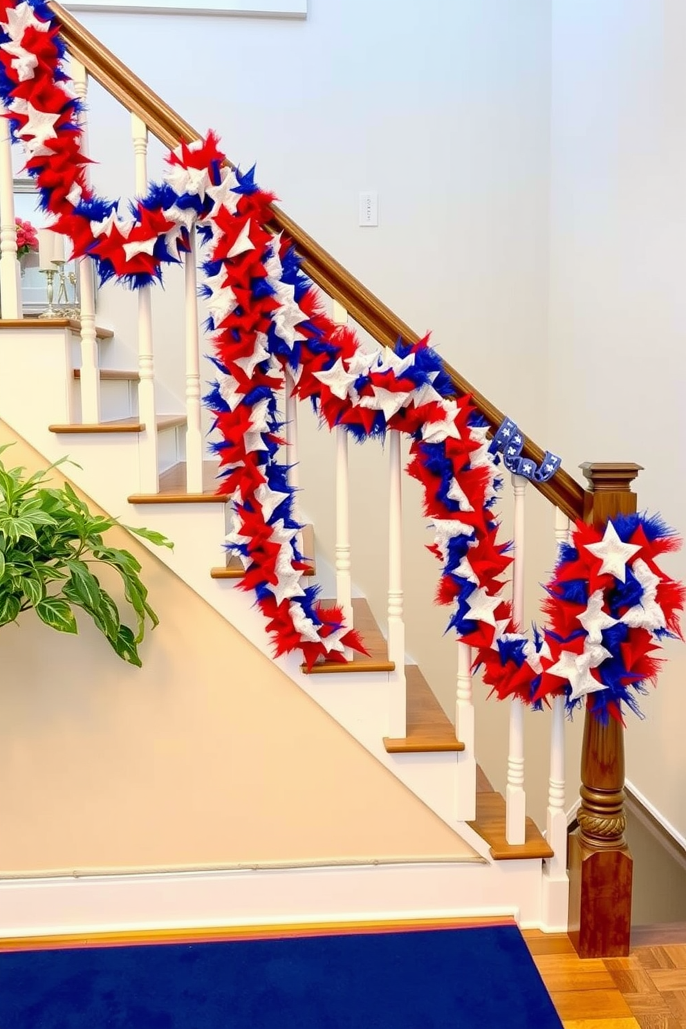 A festive staircase adorned with a red white and blue garland draped elegantly across the railing. The vibrant colors of the garland create a cheerful atmosphere, perfect for celebrating Independence Day.