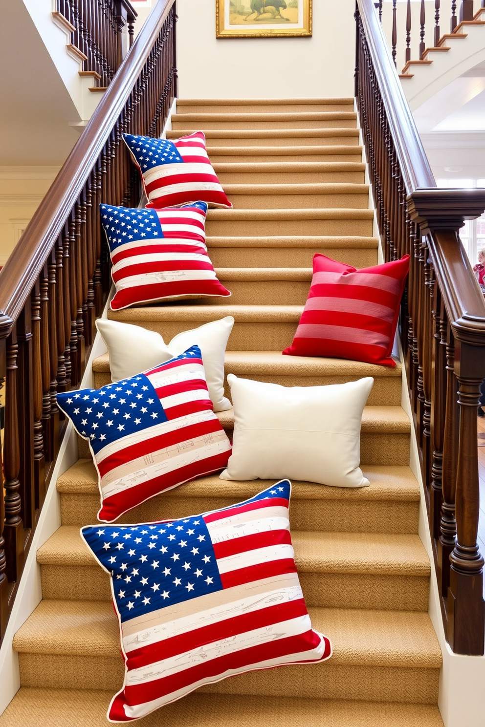 Festive banners in red white and blue hang gracefully from the railing of a beautifully decorated staircase. The staircase is adorned with twinkling string lights and small American flags strategically placed along the steps for a cheerful Independence Day celebration.