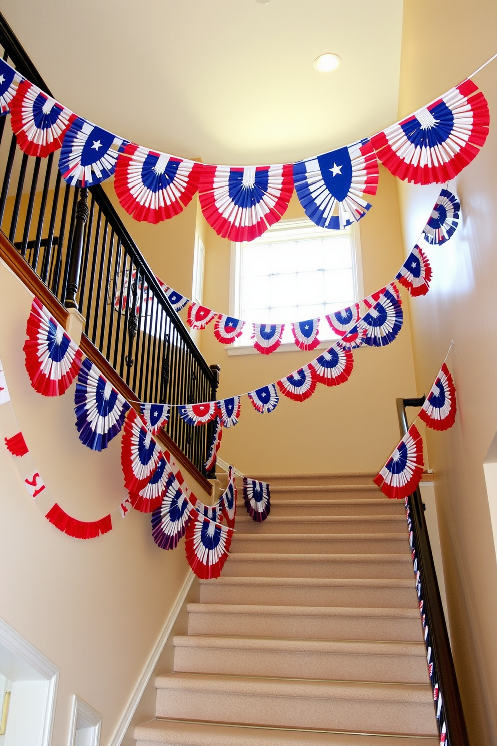 Festive banners are strung across the staircase, creating a vibrant atmosphere for Independence Day celebrations. The banners feature red, white, and blue colors, adding a patriotic touch to the decor.