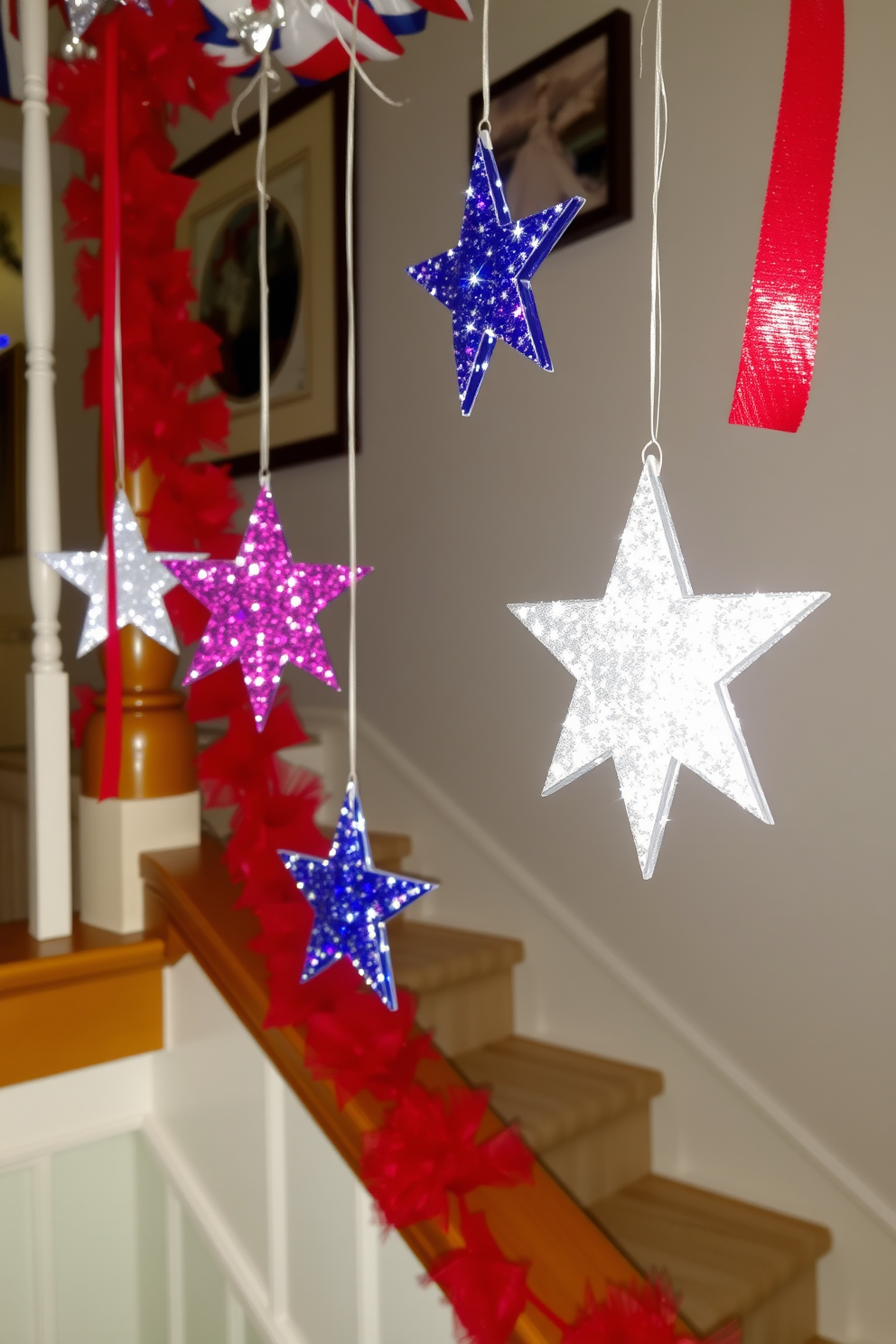 Vintage Americana decor adorns a staircase shelf, featuring red white and blue accents that evoke the spirit of Independence Day. The shelf is lined with small flags vintage photographs and rustic wooden stars creating a warm and inviting display.