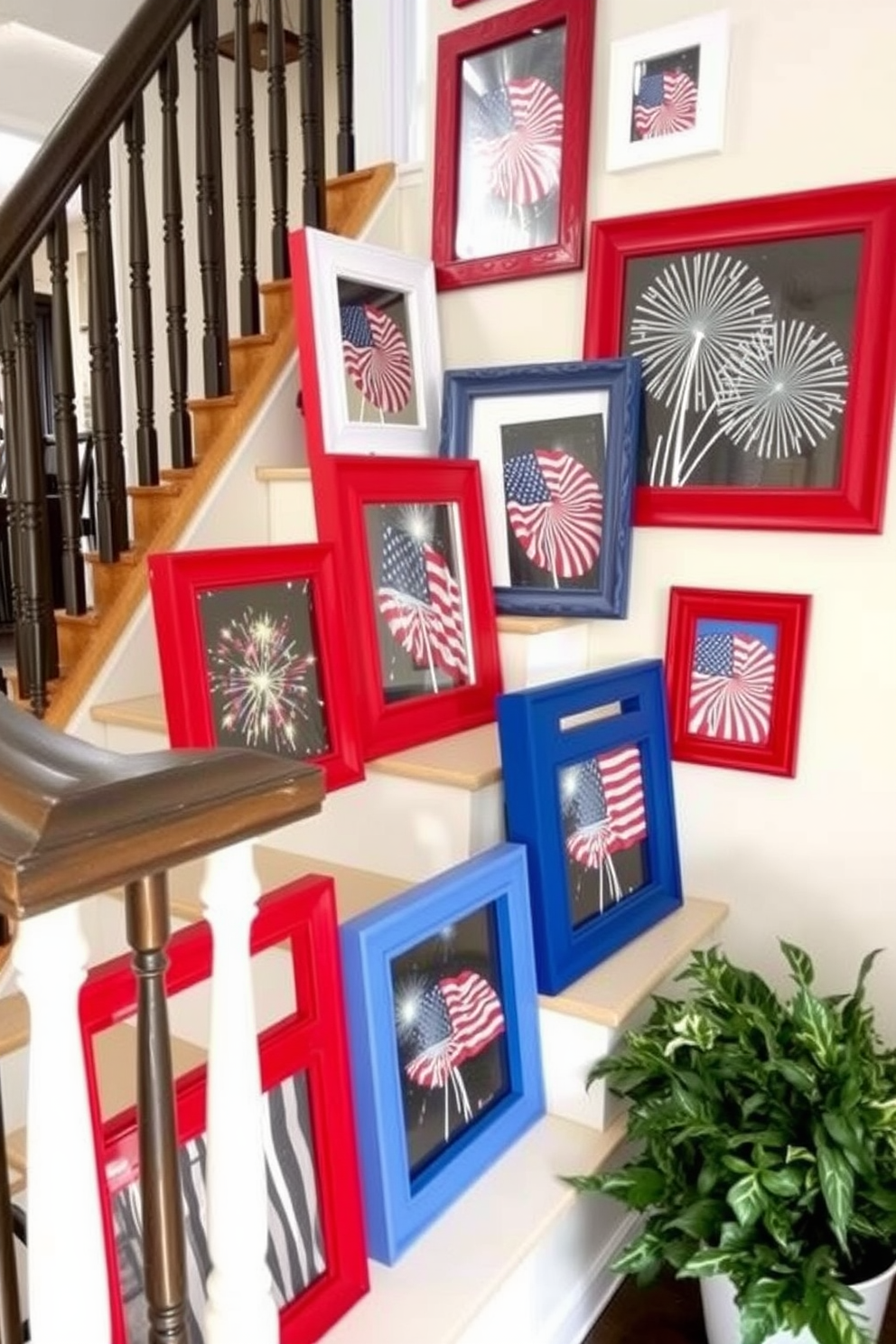 Create a patriotic themed staircase adorned with various picture frames showcasing images of American flags and fireworks. The frames are painted in red white and blue and are arranged in a staggered pattern along the steps to create a festive atmosphere for Independence Day.