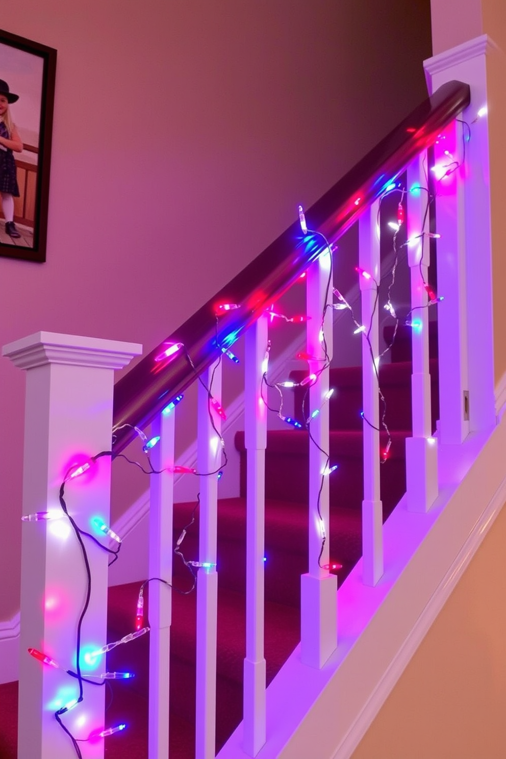 A striking staircase adorned with patriotic themed artwork celebrating Independence Day. The walls are decorated with vibrant red white and blue accents creating a festive atmosphere.