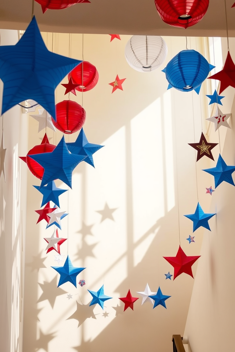 A festive staircase adorned with hanging paper lanterns in star shapes creates a vibrant atmosphere for Independence Day celebrations. The lanterns, in red, white, and blue, are suspended at varying heights, casting playful shadows on the walls.