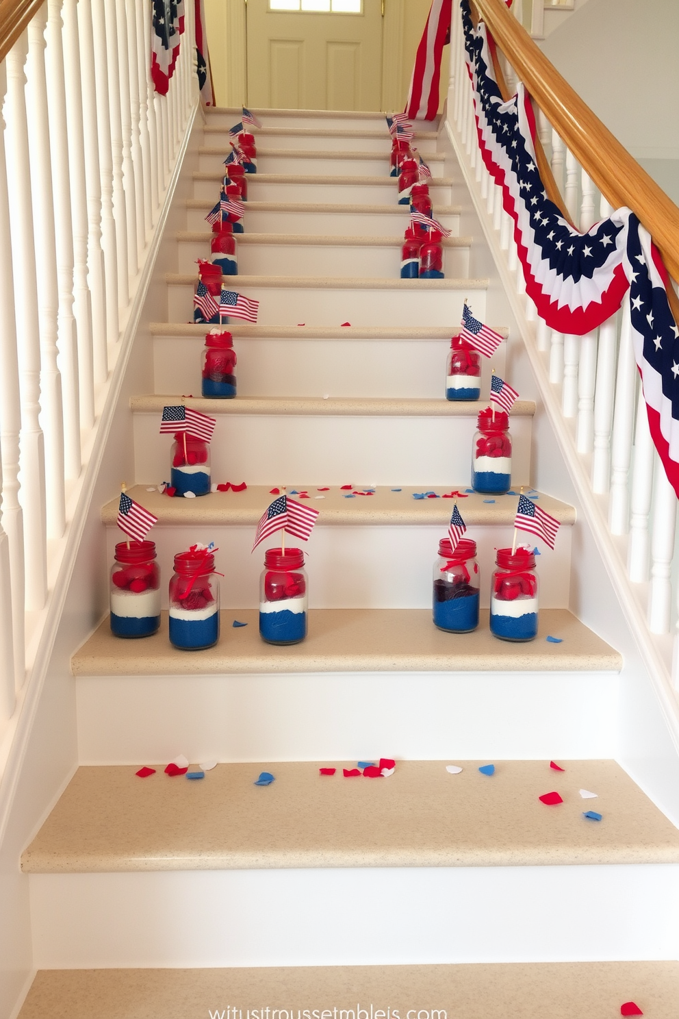 A stunning staircase adorned for Independence Day features decorative jars filled with vibrant sand and small flags. The jars are artfully arranged on the steps, creating a festive and patriotic atmosphere that welcomes guests.