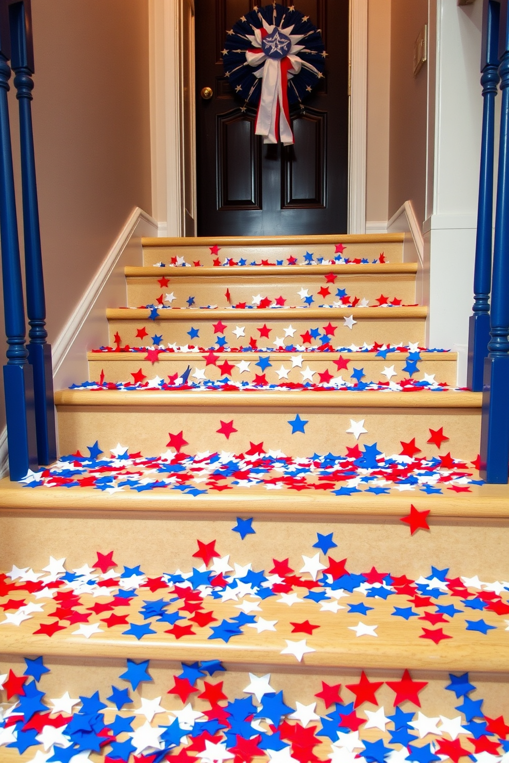 A festive Fourth of July themed table decor is displayed on the steps of a grand staircase. The table is adorned with a vibrant red and blue tablecloth, featuring white stars, and is set with matching plates and napkins for a patriotic touch.