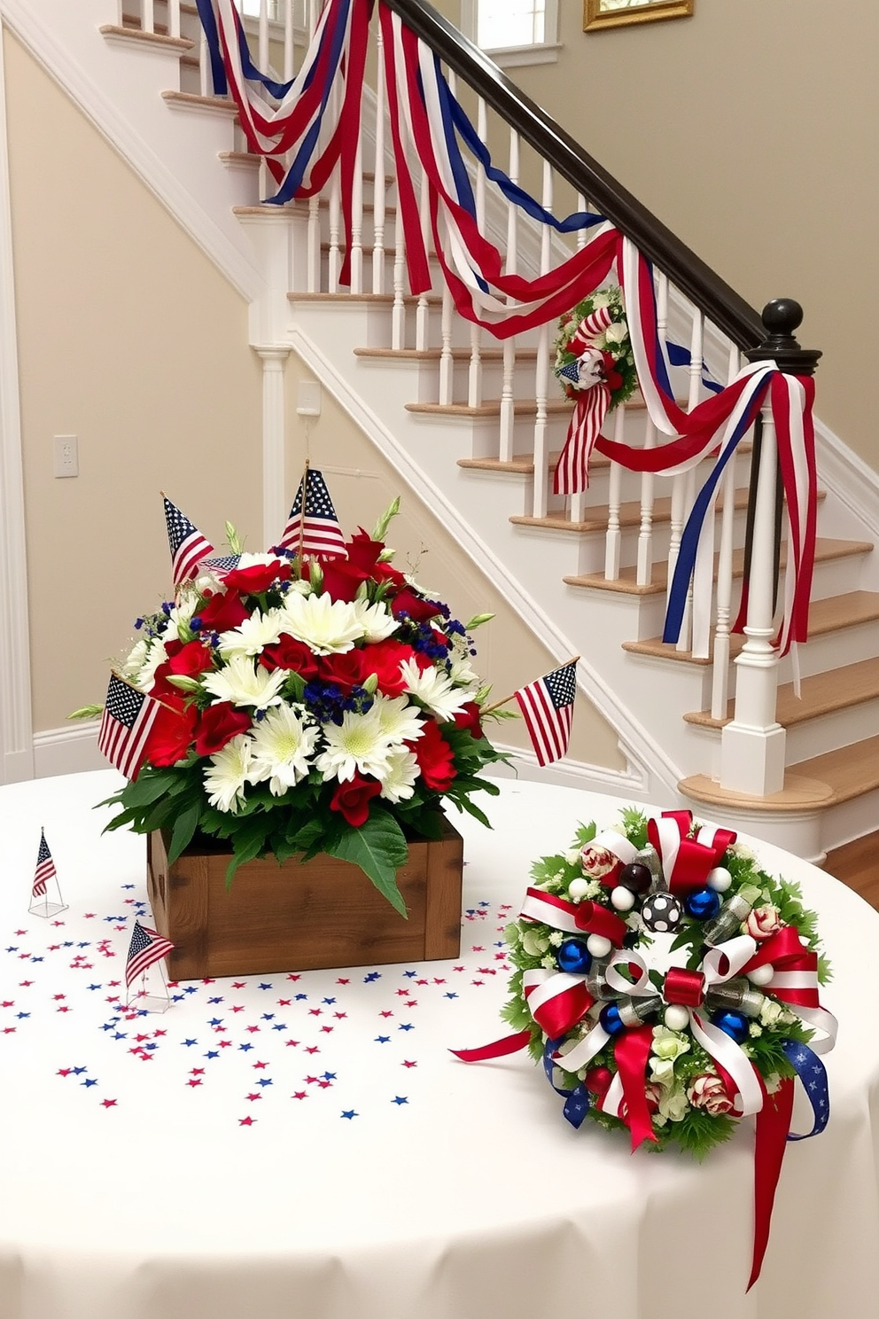 A festive Fourth of July themed table centerpiece featuring a large red, white, and blue floral arrangement in a rustic wooden box. Surrounding the centerpiece are small American flags and star-shaped confetti scattered across a white tablecloth. An elegant staircase decorated for Independence Day with garlands of red, white, and blue streamers draped along the railing. At the base of the staircase, a large patriotic wreath made of flowers and ribbons adds a welcoming touch.