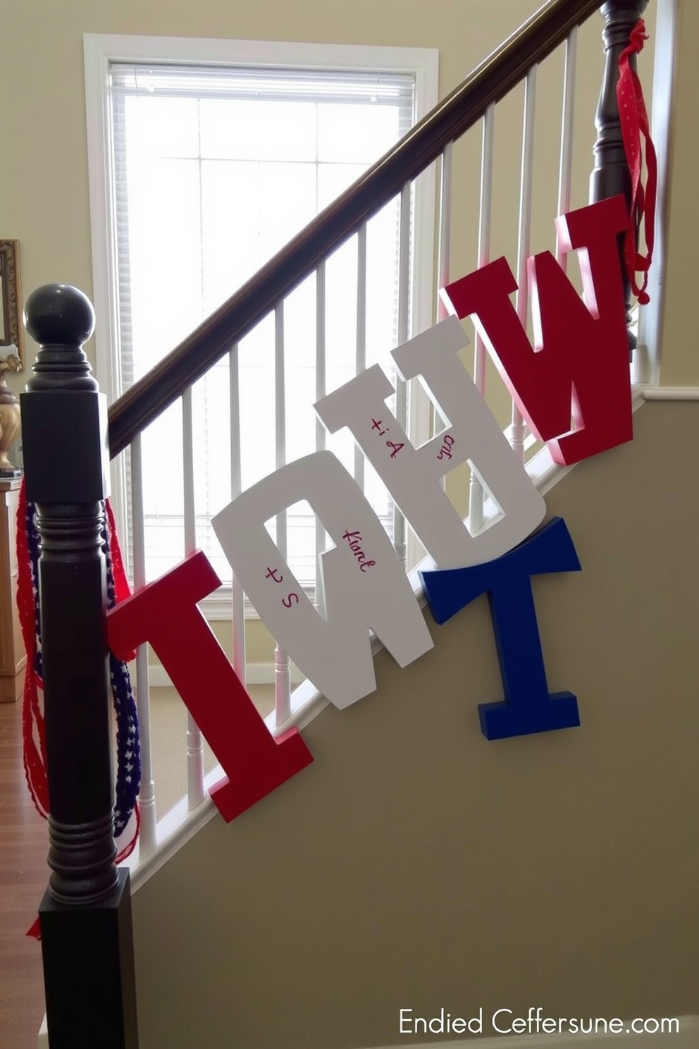 Create a festive staircase decorated for Independence Day. The staircase features large wooden letters painted in red, white, and blue, arranged in a playful manner along the railing.