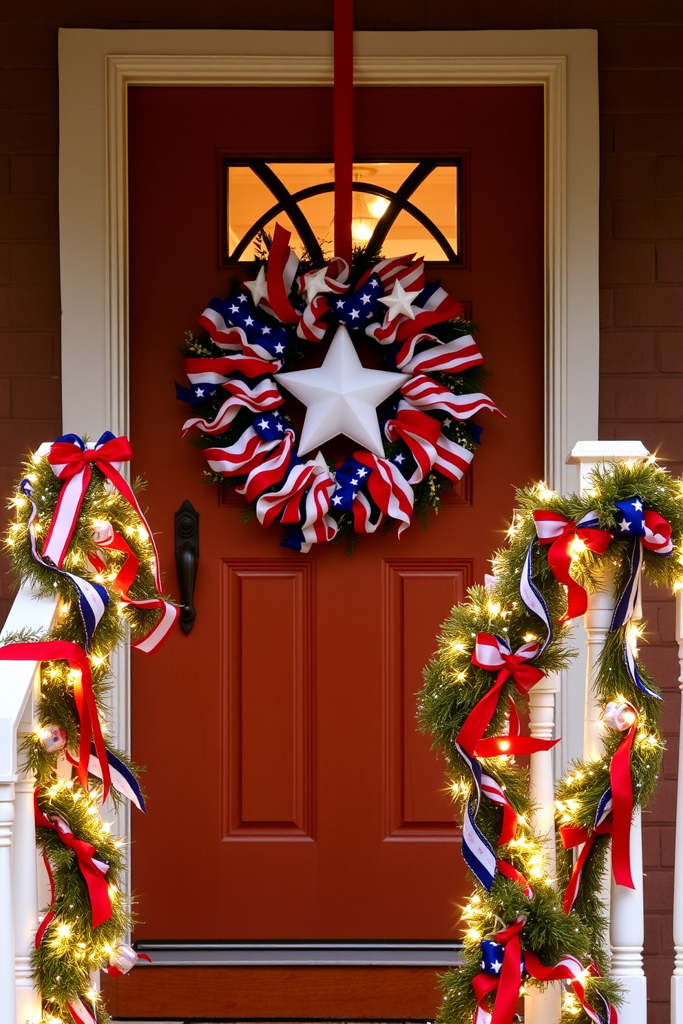 A vibrant stars and stripes themed stair runner adorns the staircase, celebrating the spirit of Independence Day. The runner features bold red and white stripes alongside a pattern of white stars on a deep blue background, creating a festive and patriotic atmosphere. The staircase is flanked by elegant white banisters that complement the runner's colors. Decorative elements such as small American flags and potted red, white, and blue flowers enhance the overall theme, making the space inviting and celebratory.