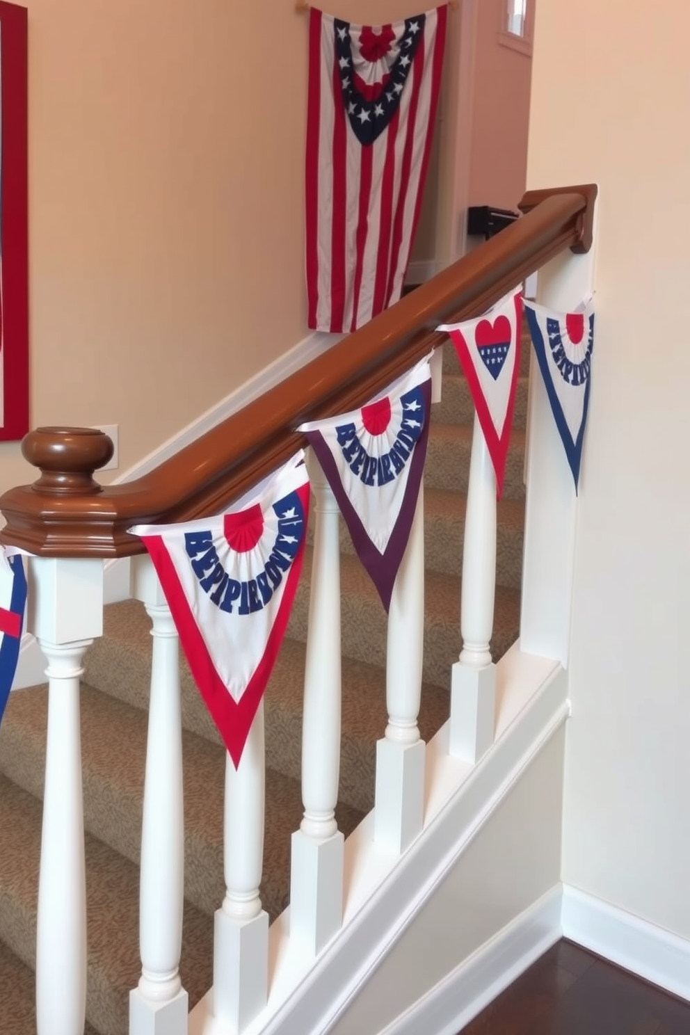 A festive staircase adorned with colorful bunting flags celebrating Independence Day. The flags are draped elegantly along the banister, creating a cheerful and patriotic atmosphere.