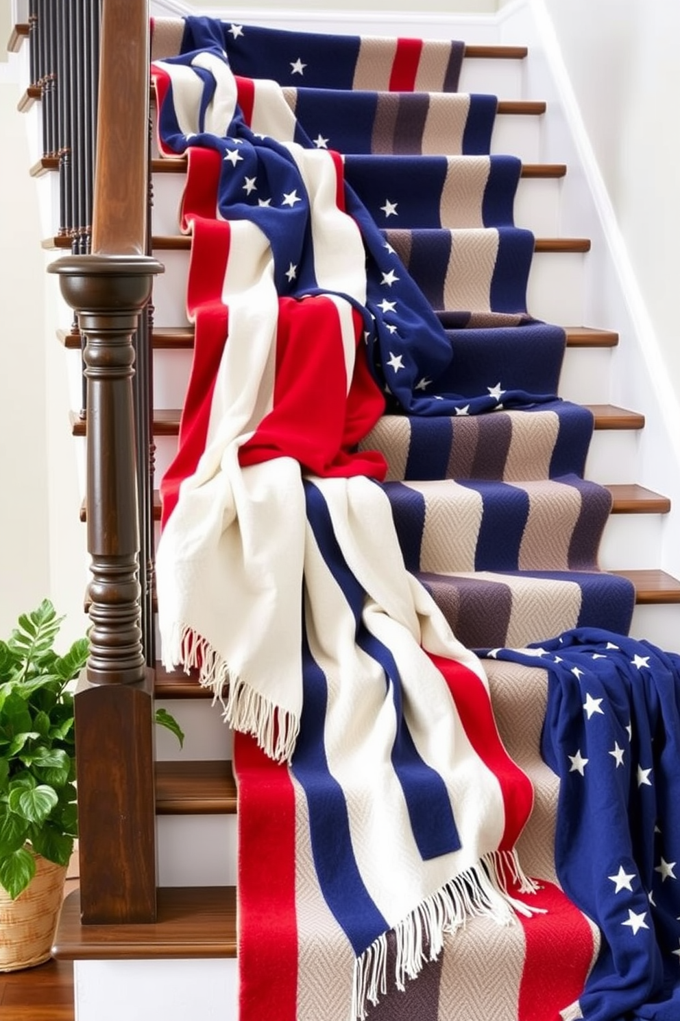 Small potted plants are arranged along the staircase, each adorned with a small American flag to celebrate Independence Day. The vibrant greenery contrasts beautifully with the wooden steps, creating a festive and inviting atmosphere.