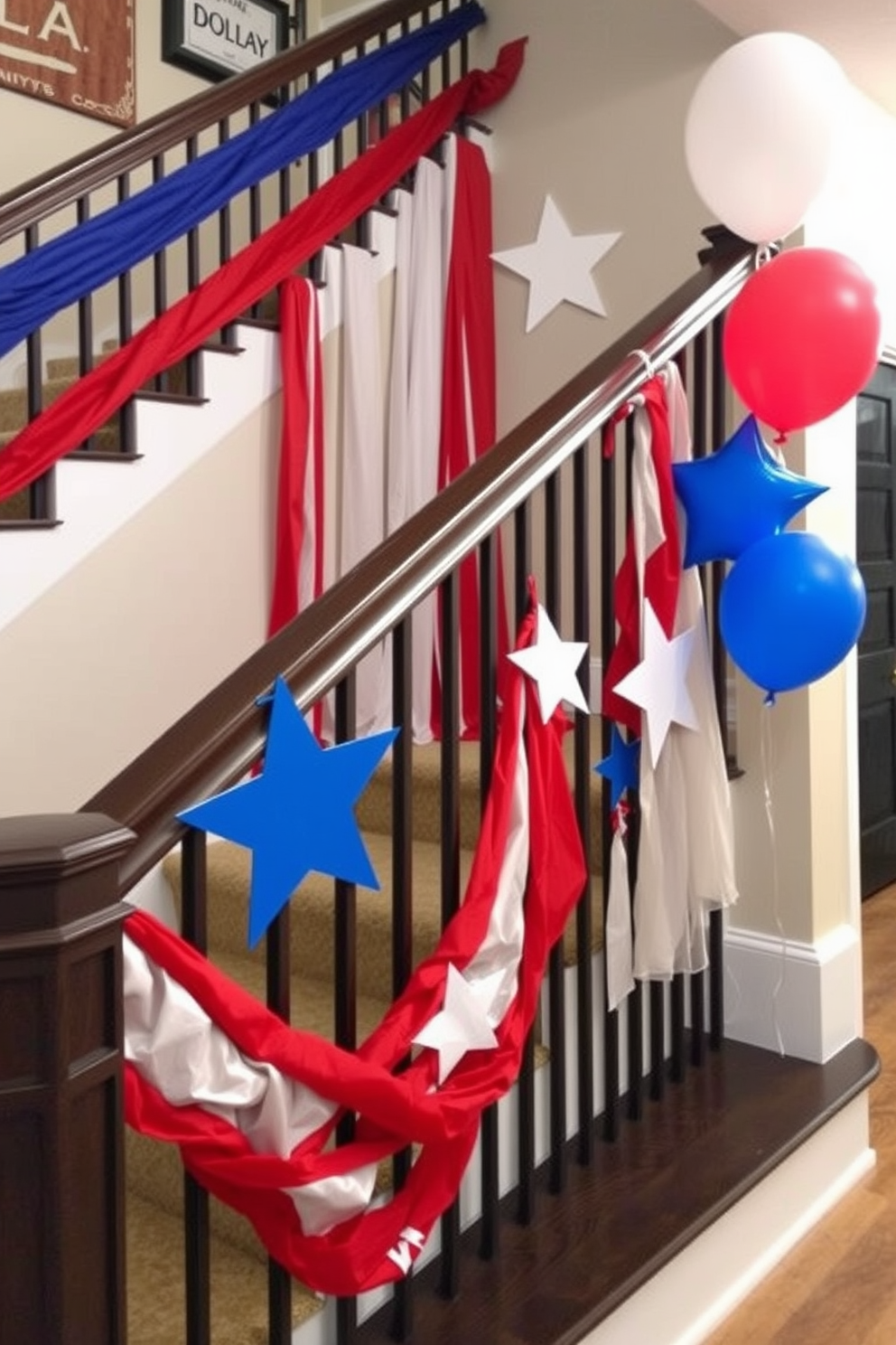 A stunning staircase adorned with decorative lanterns in vibrant red and blue hues to celebrate Independence Day. The lanterns are strategically placed along the banister and steps, creating a festive and inviting atmosphere.