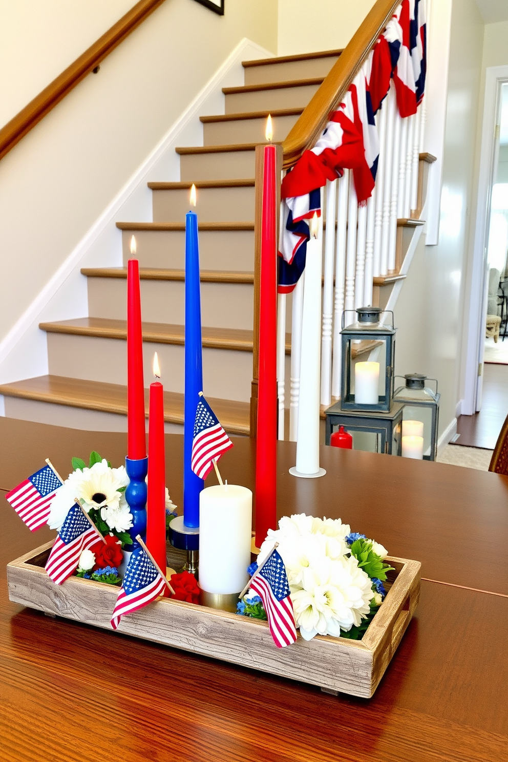 A festive Independence Day themed candle arrangement featuring red white and blue candles of varying heights placed on a rustic wooden tray. Surrounding the candles are small American flags and fresh flowers in shades of white and blue to enhance the patriotic theme. Independence Day staircase decorating ideas include draping red white and blue bunting along the banister for a cheerful touch. Adding lanterns filled with candles on each step creates a warm inviting atmosphere for your celebration.