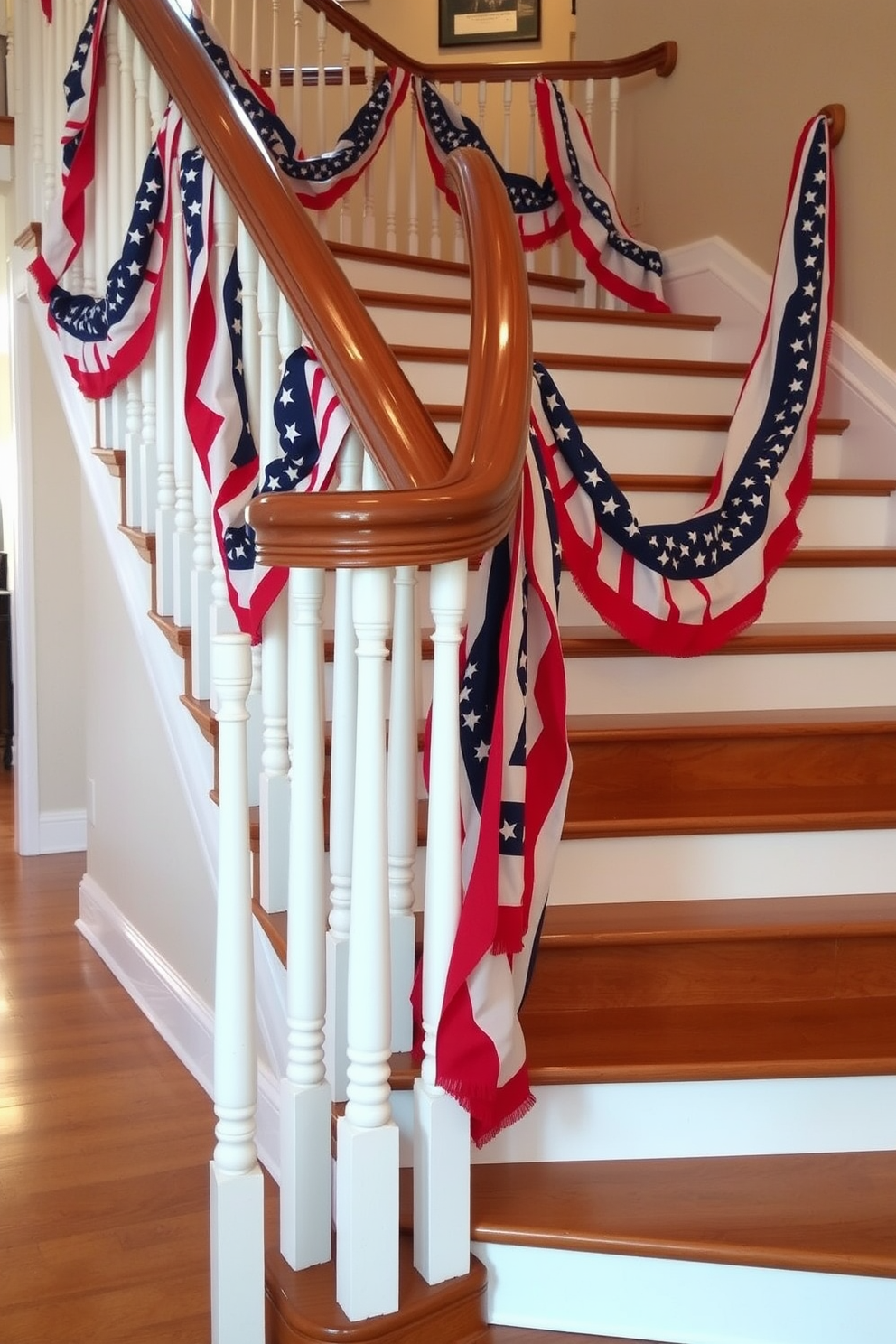 Star spangled banners elegantly wrap around the railing of a grand staircase, creating a festive atmosphere for Independence Day celebrations. The staircase features polished wooden steps and white balusters, enhancing the patriotic decor with vibrant red, white, and blue hues.