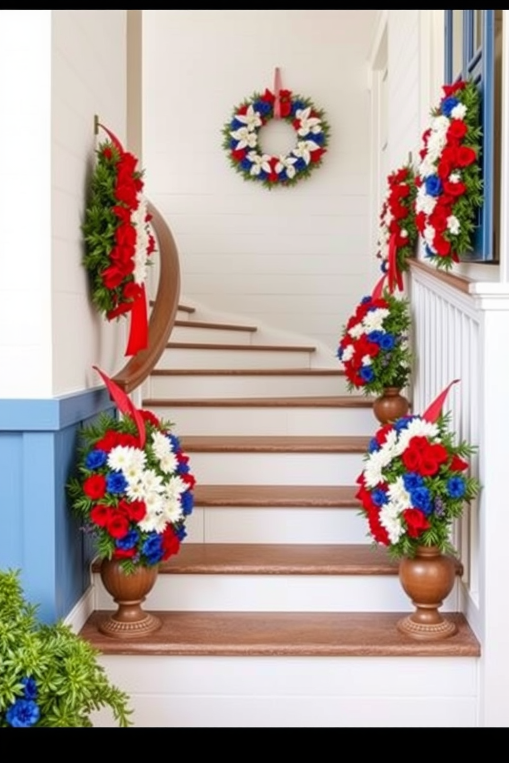 A festive table setting is elegantly arranged on the staircase landing. The table features a vibrant red tablecloth adorned with white and blue accents, celebrating Independence Day. Decorative elements include miniature American flags and a centerpiece of fresh flowers in patriotic colors. Twinkling fairy lights are wrapped around the banister, adding a warm and inviting glow to the festive atmosphere.