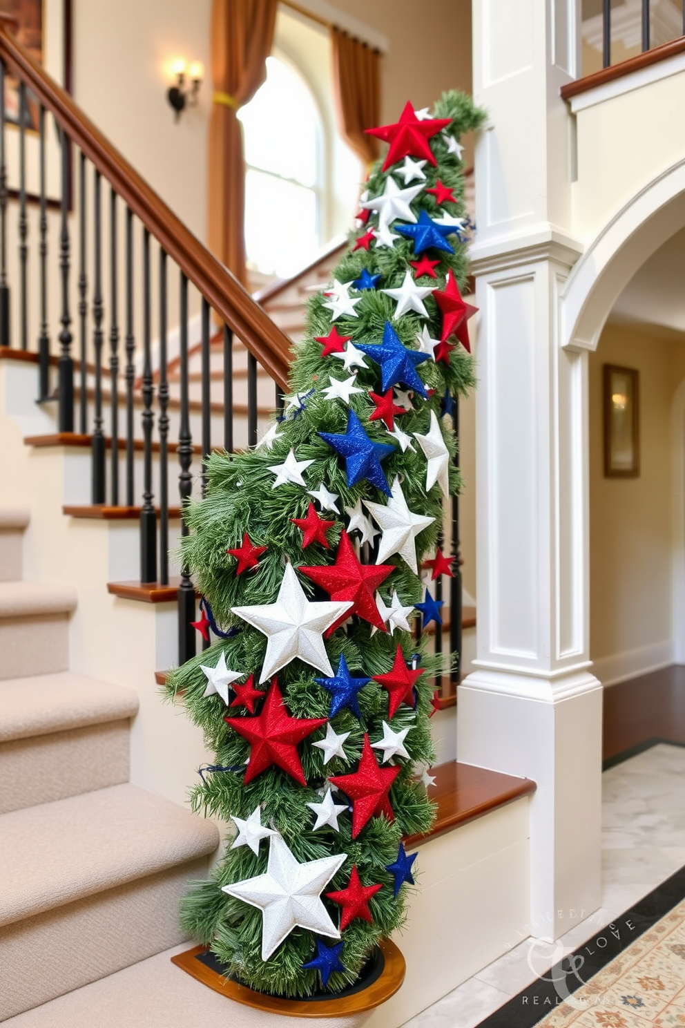 Colorful glass jars filled with candles are arranged along the steps of a beautifully designed staircase. The jars feature red, white, and blue hues, creating a festive atmosphere that celebrates Independence Day.