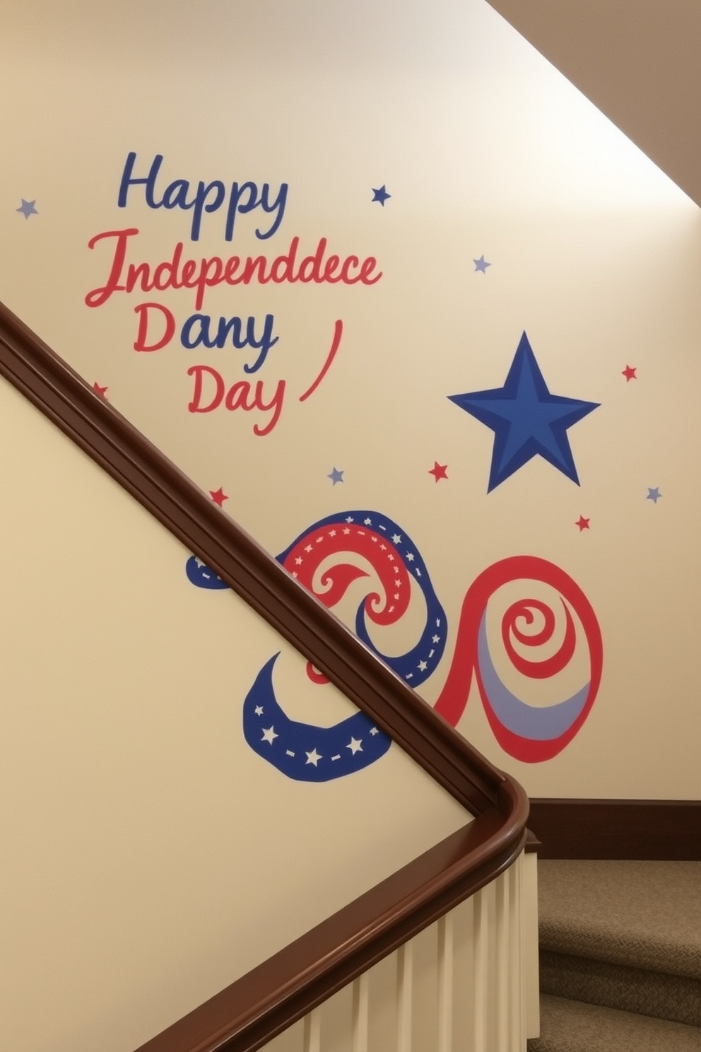 Patriotic themed wall art is prominently displayed along the staircase, celebrating the spirit of Independence Day. The artwork features vibrant red, white, and blue colors, creating a festive atmosphere as guests ascend the steps.