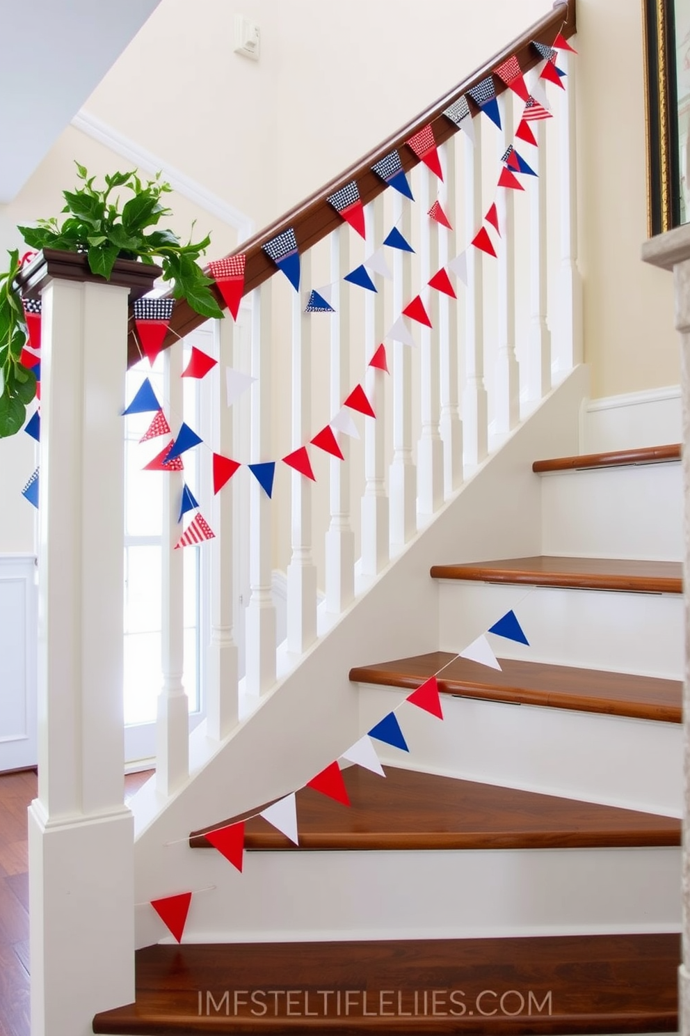 Create a festive staircase setting adorned with hanging mini flags in red white and blue to celebrate Independence Day. The flags should be strung along the railing and cascade down the steps creating a cheerful and patriotic atmosphere.