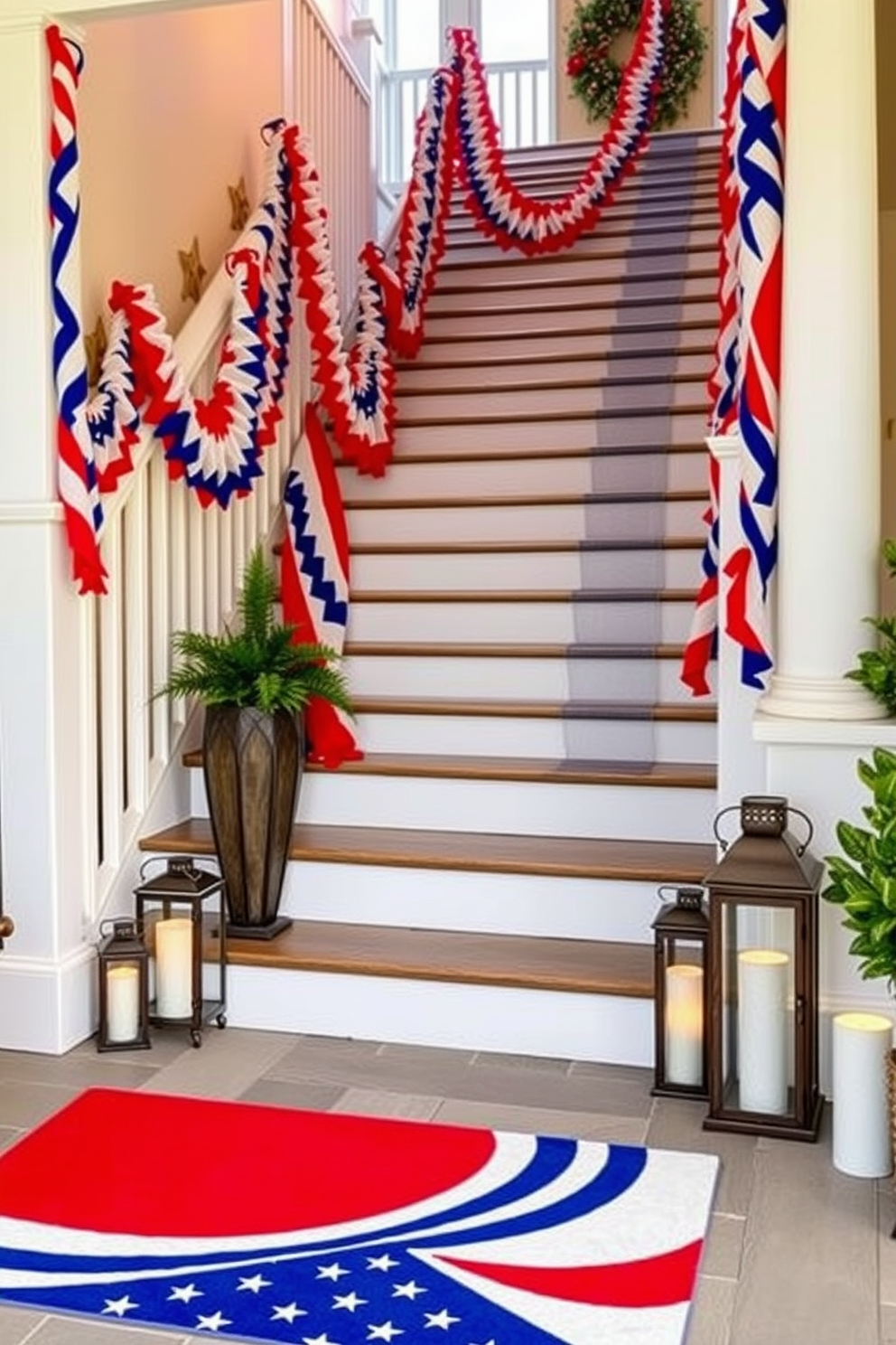 A vibrant welcome mat at the base of the entrance features a bold red, white, and blue design with stars and stripes. It invites guests into a festive atmosphere, setting the tone for a patriotic celebration. The staircase is adorned with cascading garlands of red, white, and blue bunting, creating a striking visual impact. Lanterns with flickering candles are placed along the steps, adding warmth and charm to the Independence Day decor.