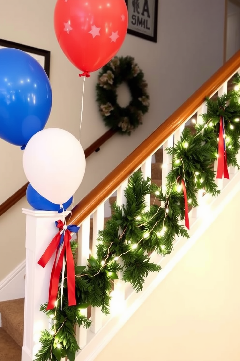 Patriotic balloons in red white and blue are tied to the banister posts creating a festive atmosphere. The staircase is adorned with garlands of faux greenery intertwined with string lights for a cheerful Independence Day celebration.