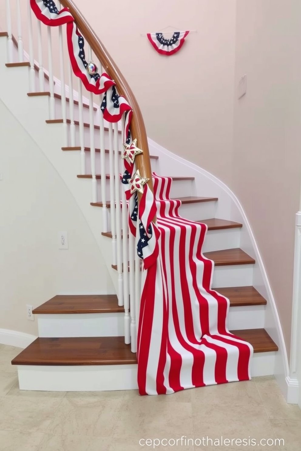 A festive staircase adorned with a red and white striped table runner cascading down the steps. The runner adds a vibrant touch, celebrating Independence Day with decorative accents like small flags and star-shaped ornaments placed along the railing.